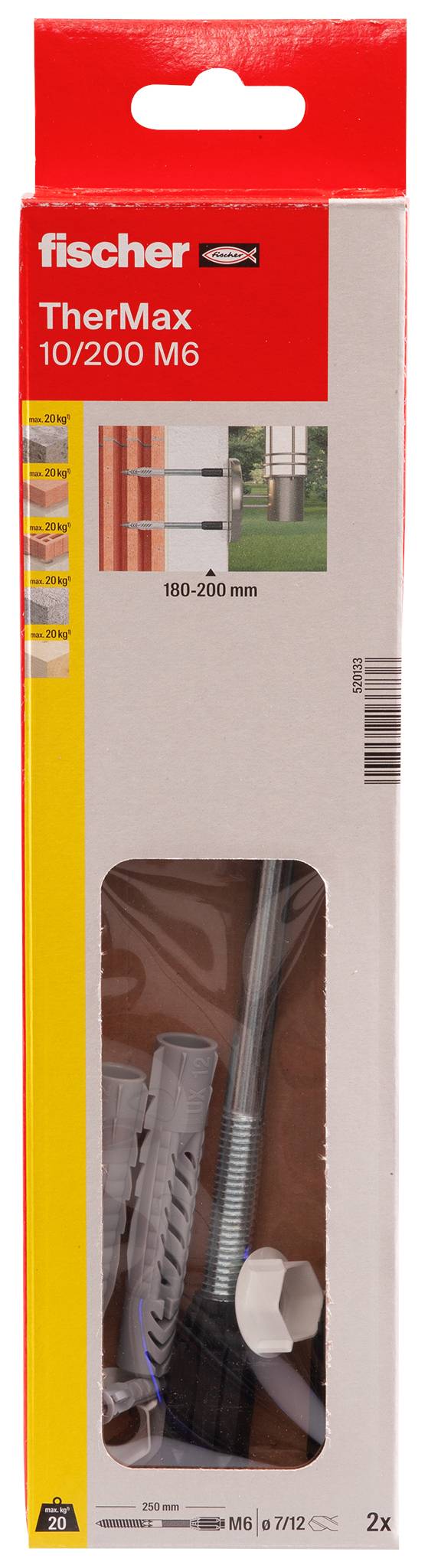 Metal screw with black plastic type piece and grey wall plug. Suitable for fixings in concrete and masonry.