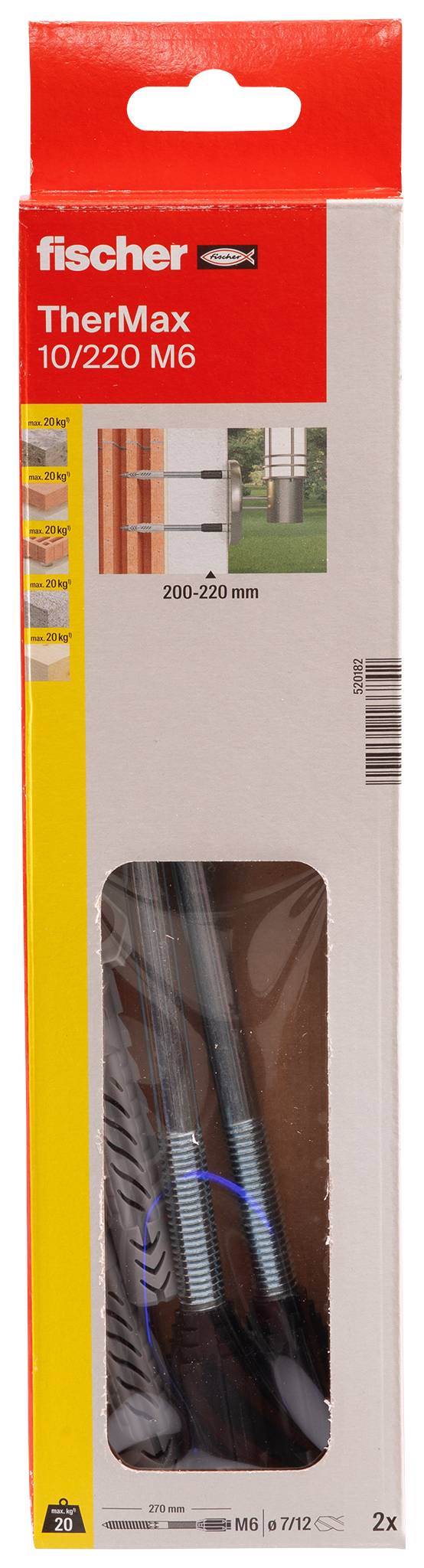 A screw anchor set, consisting of a long threaded screw anchor and a plastic sleeve, is used for fixing items in walls.