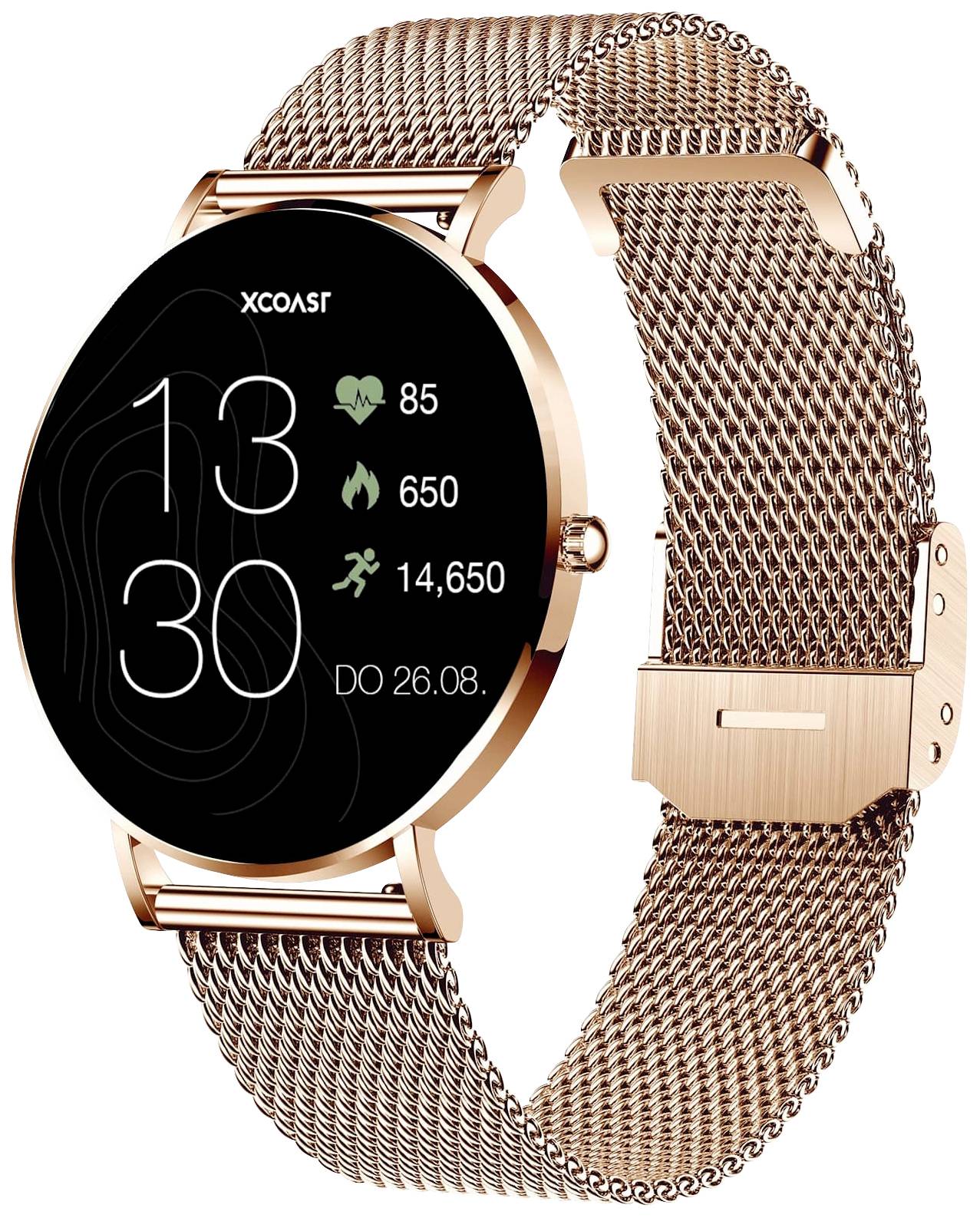 Smartwatch with a round dial and a mesh metal strap. Display shows the time as 13:30, heart rate, calories and steps.
