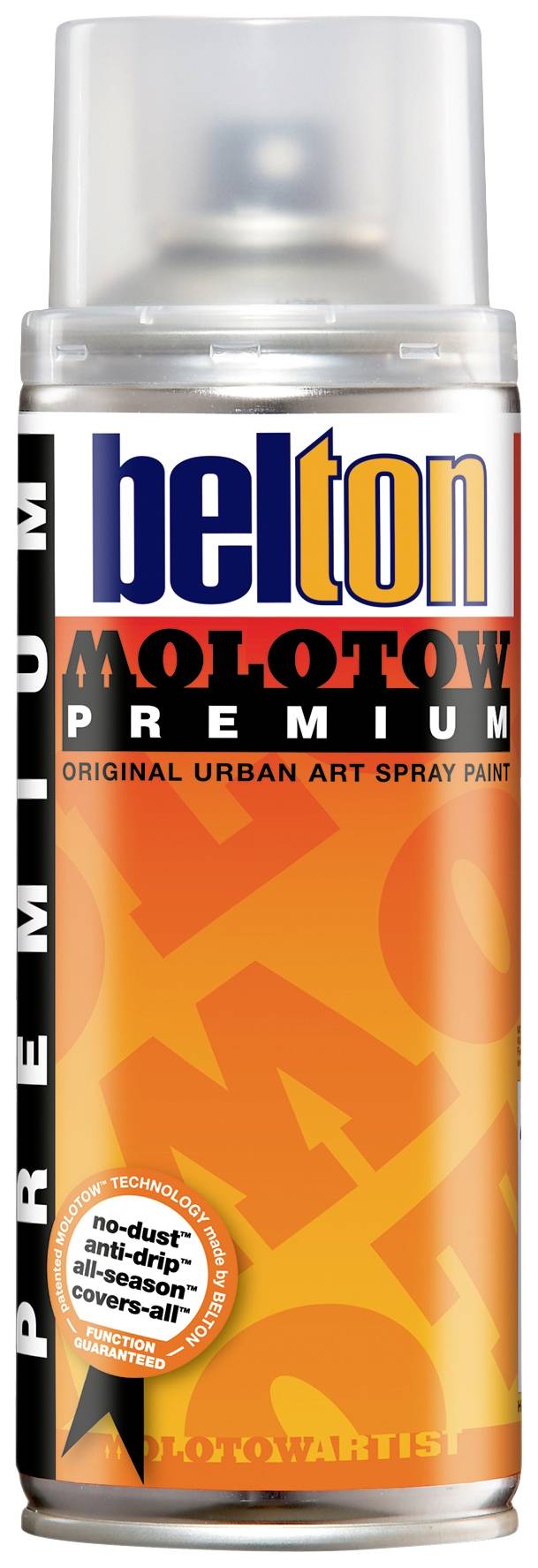 Sprühdose Belton Molotow Premium, orange, für urbane Kunst. Markentext: 'Original Urban Art Spray Paint'.