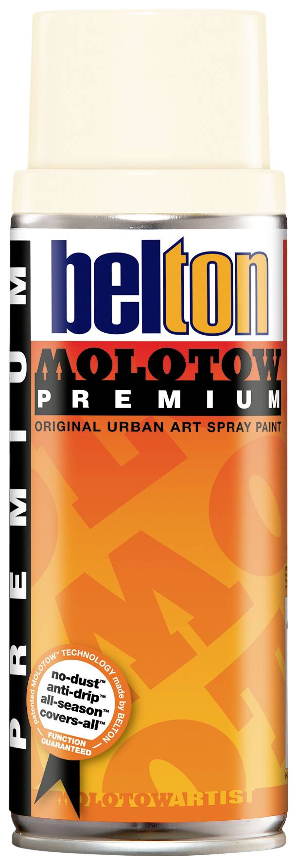 A Belton Molotow Premium spray can, orange and black, for urban art. Includes text indicating quality and technical details.