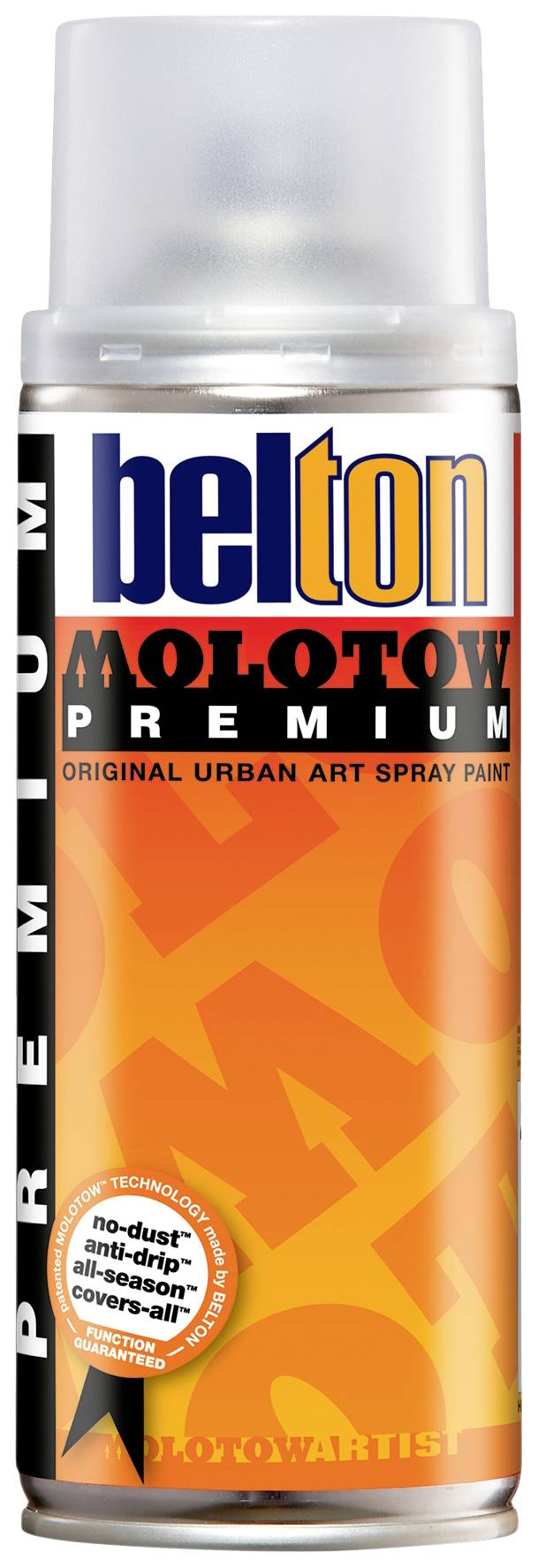 Spray can from the brand 'Belton Molotow Premium' with an orange label; designed for urban art, promises dust-free application.