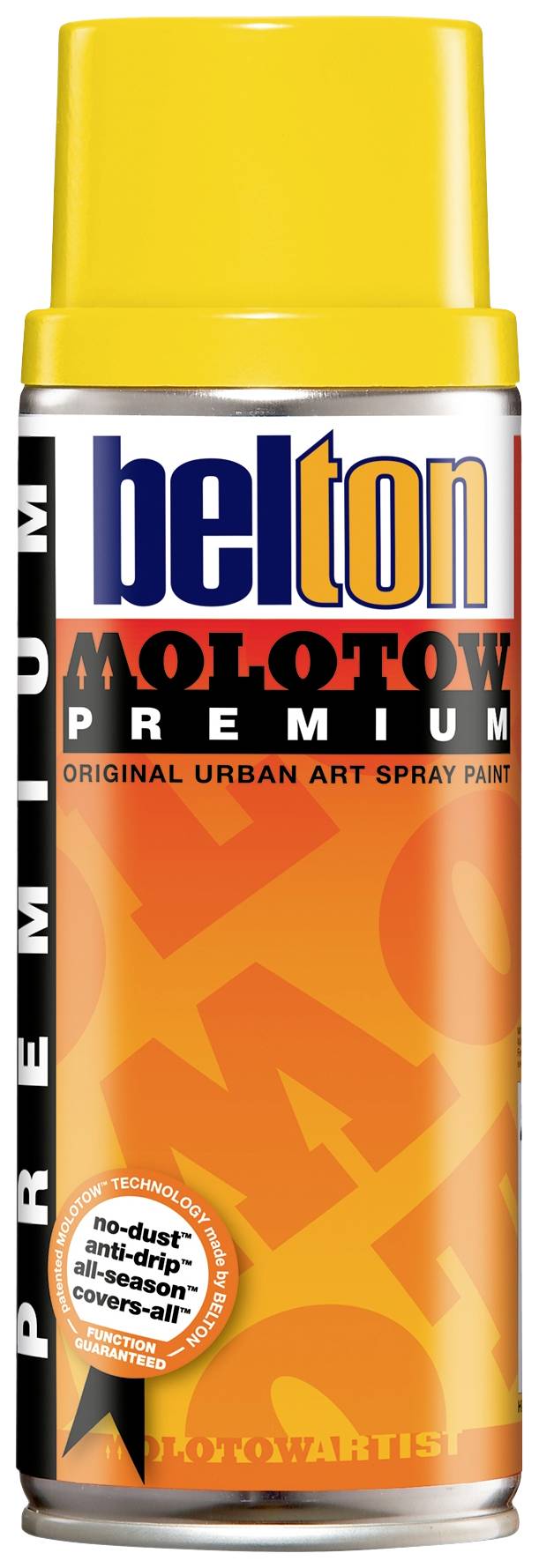 Spray can with the label 'belton Molotow Premium', Original Urban Art Spray Paint. Orange label with yellow cap.
