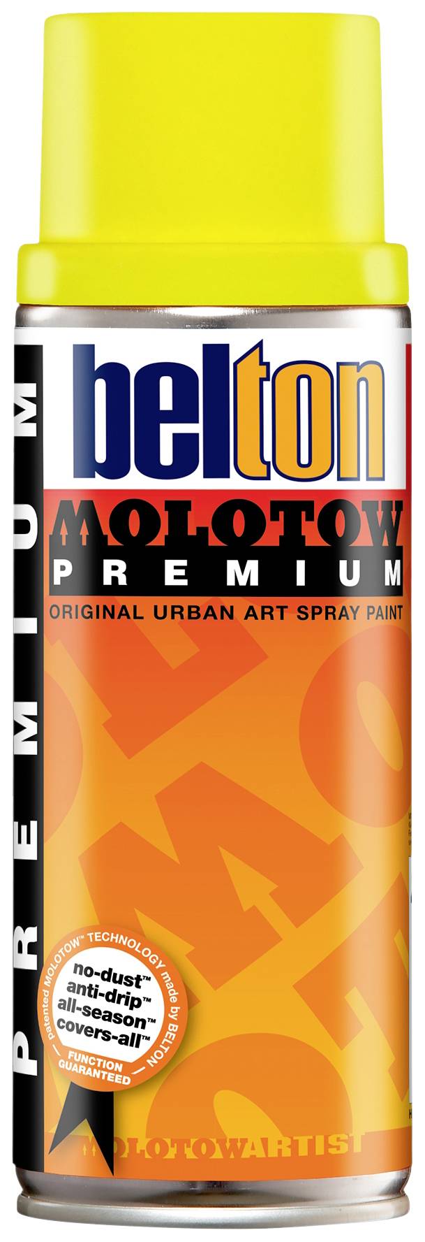 'Belton Molotow Premium' spray can with an orange label and yellow cap, suitable for urban art.