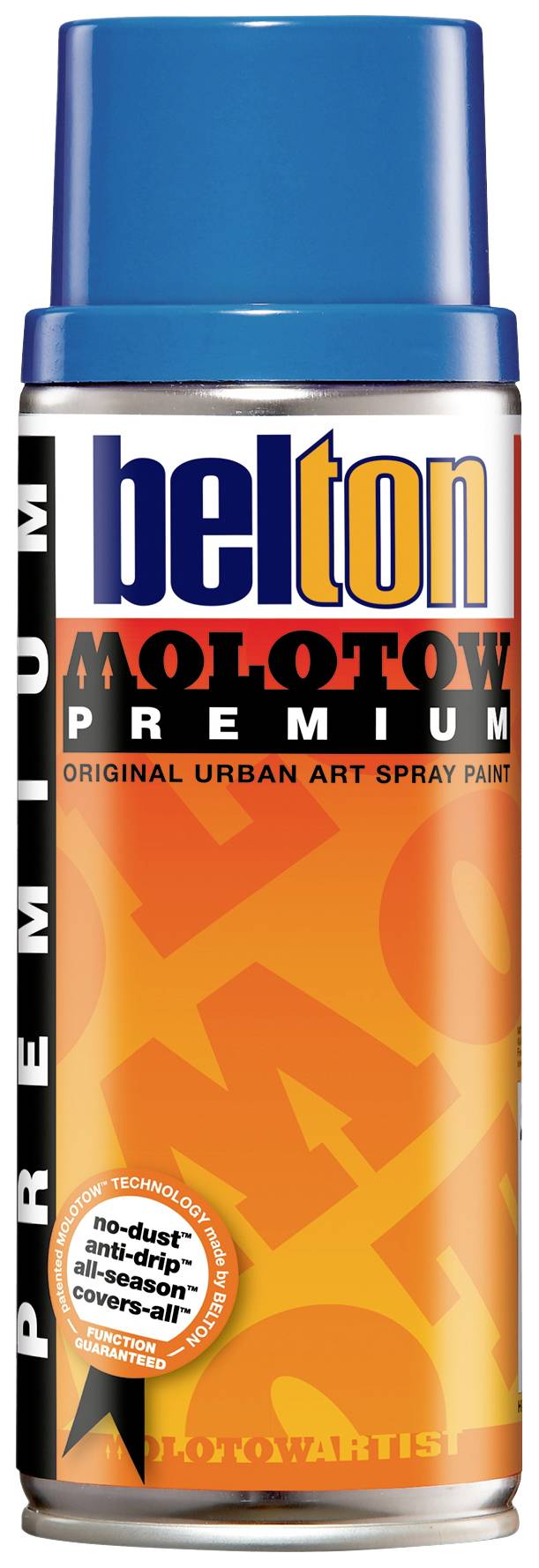Spray can with blue cap, orange label. Inscription 'belton MOLYOW PREMIUM'. Urban Art spray paint.