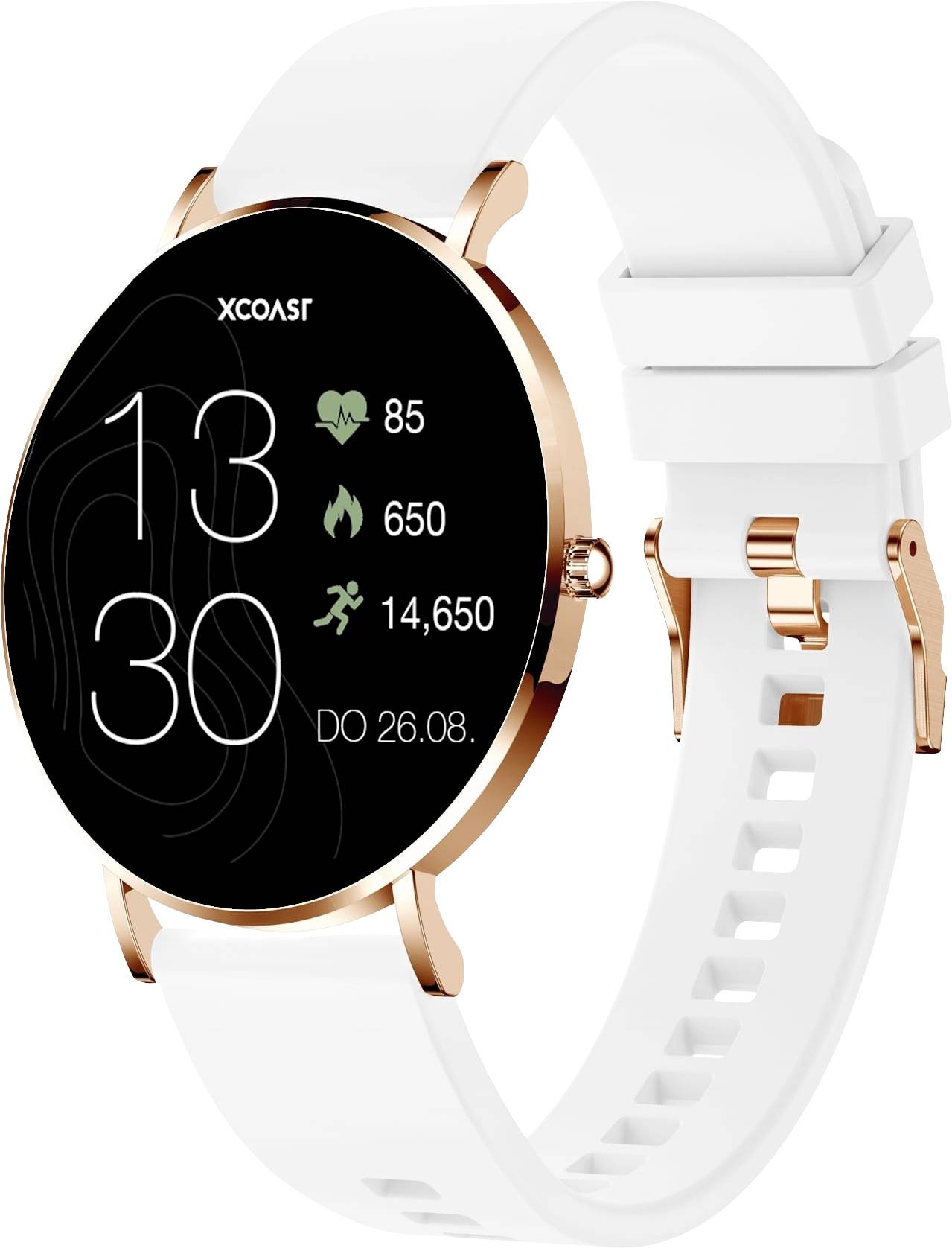 Smartwatch with white strap, showing time '13:30', date 'THU 26.08.', heart rate '85', calories '650', steps '14,650'.