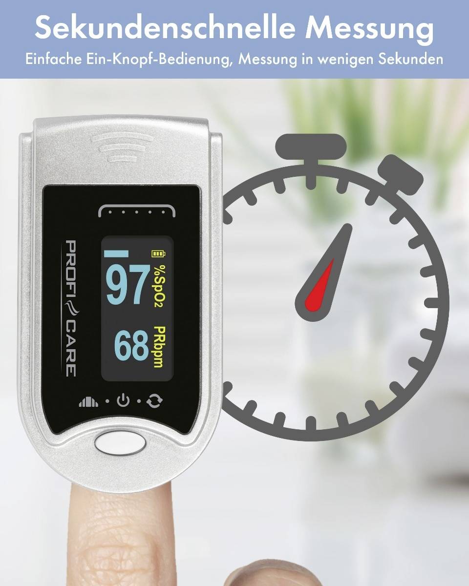 Oximeter shows 97% SpO2 and 68 BPM. Text above: Lightning-fast measurement. Simple one-button operation, measurement in seconds.