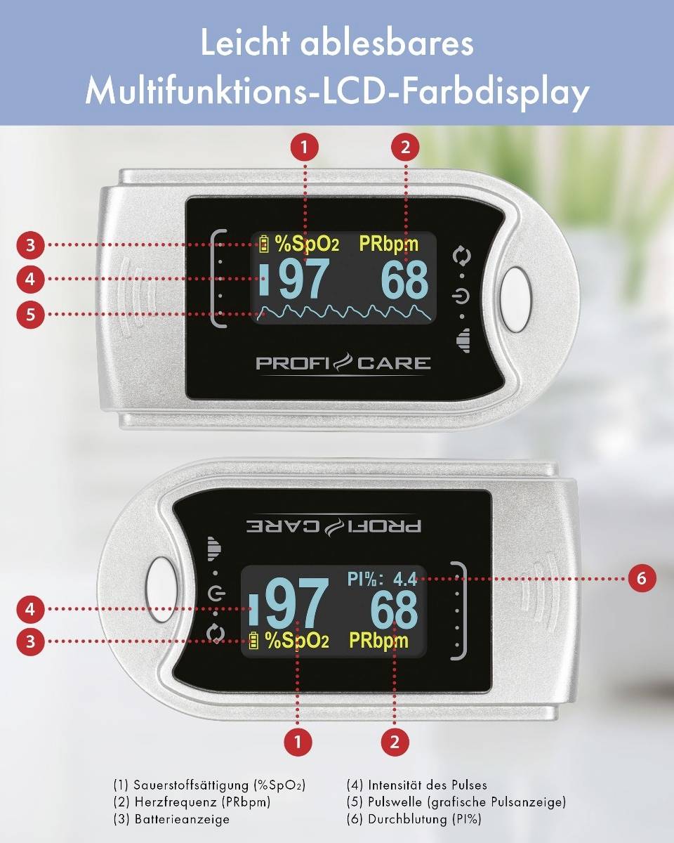 Easily readable multifunction colour LCD display shows oxygen saturation (%SpO2), heart rate (PRbpm) and battery status.