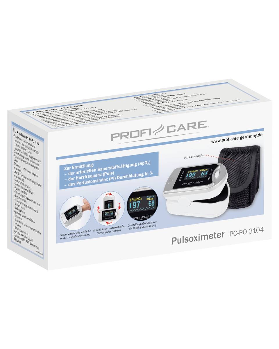Pulse Oximeter packaging with an illustration of the device and details about oxygen saturation measurement and display of heart rate and perfusion index.