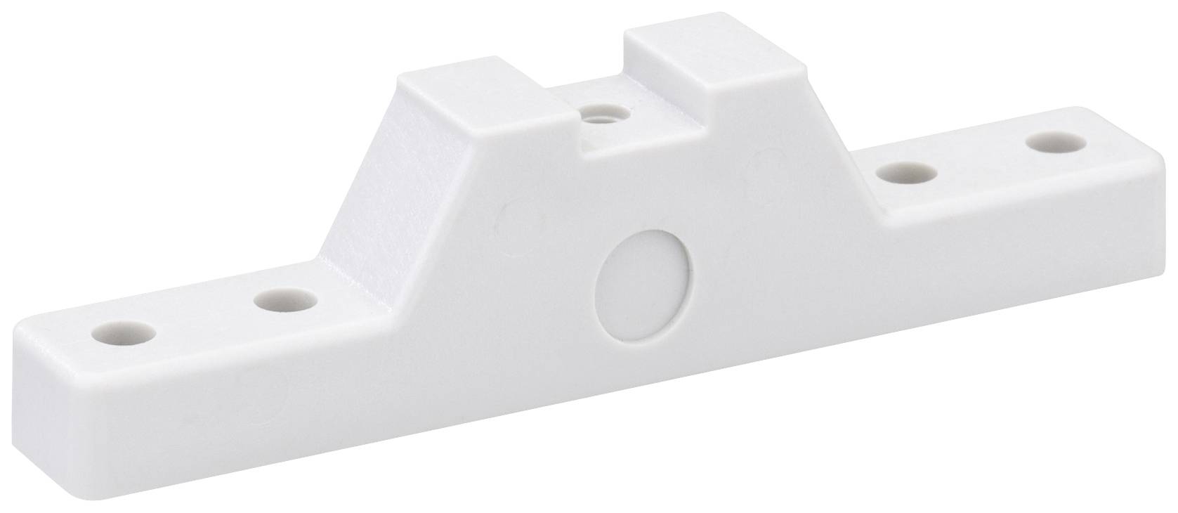 A white, rectangular plastic component with three holes, which is narrow and has a raised central structure. Purpose unclear.