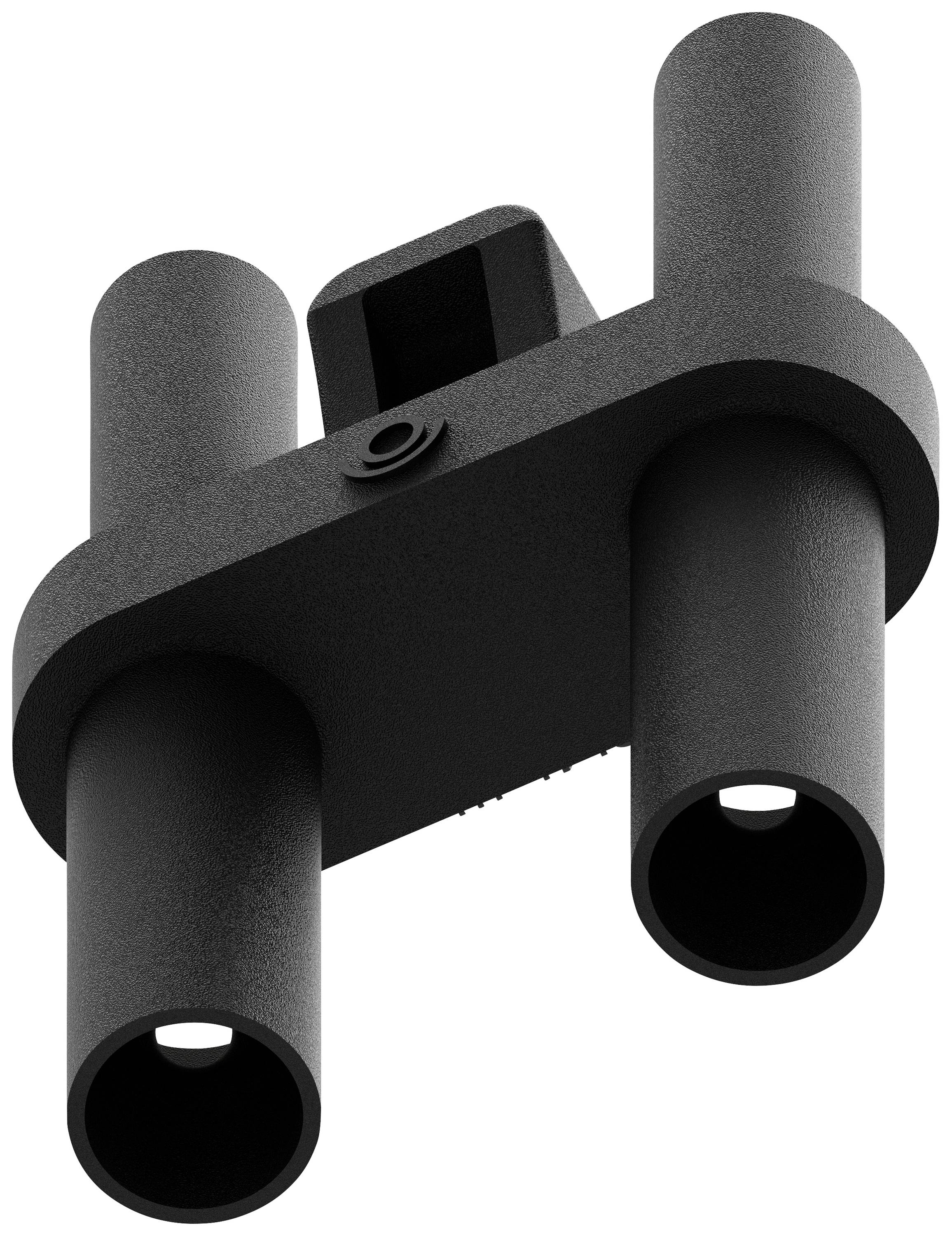 A black plastic component with two connected cylinders and a fixing screw, likely a housing part.