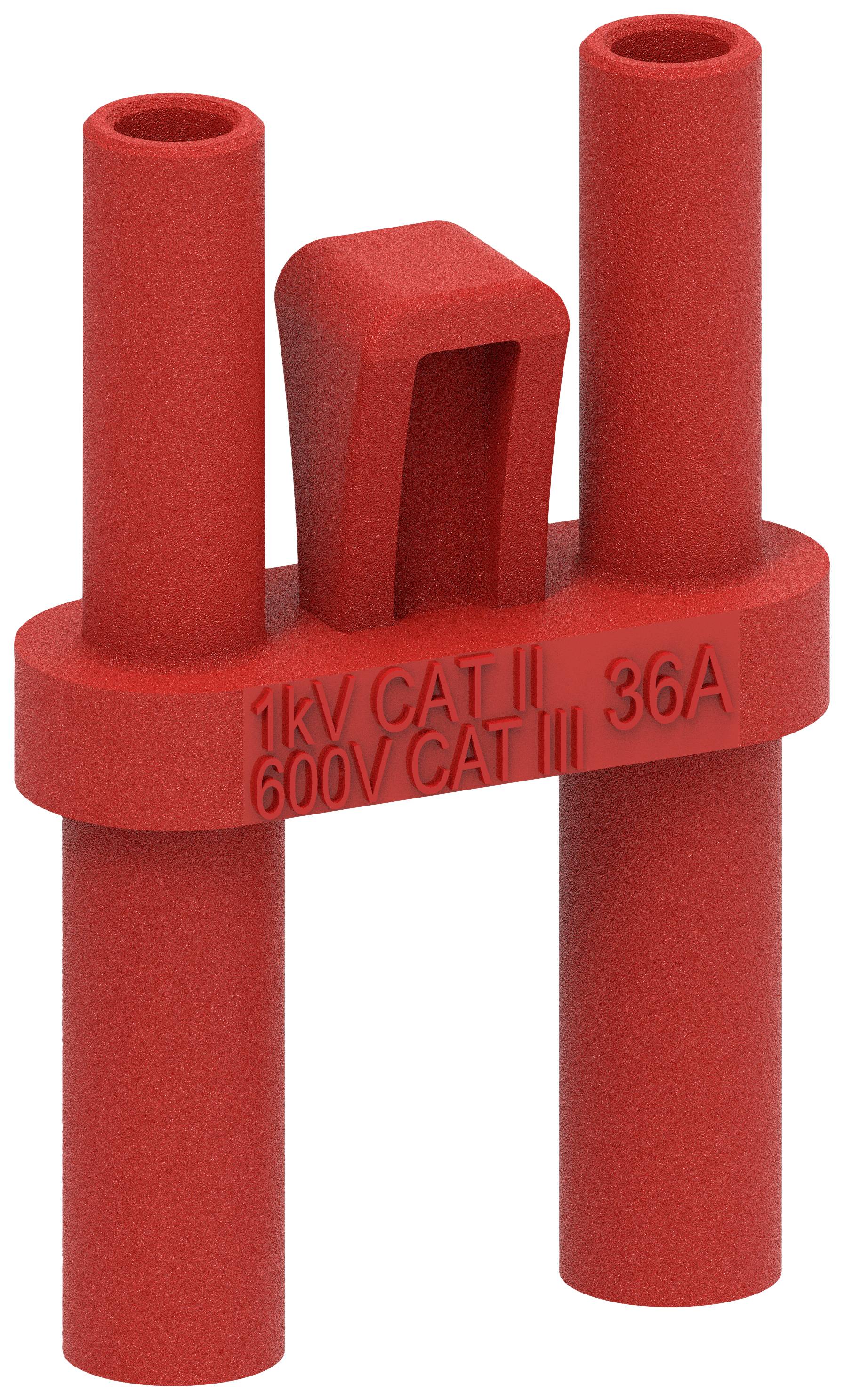 Red PVC safety test clip with inscription '1kV CAT II, 600V CAT III, 36A'. Suitable for electrical testing.