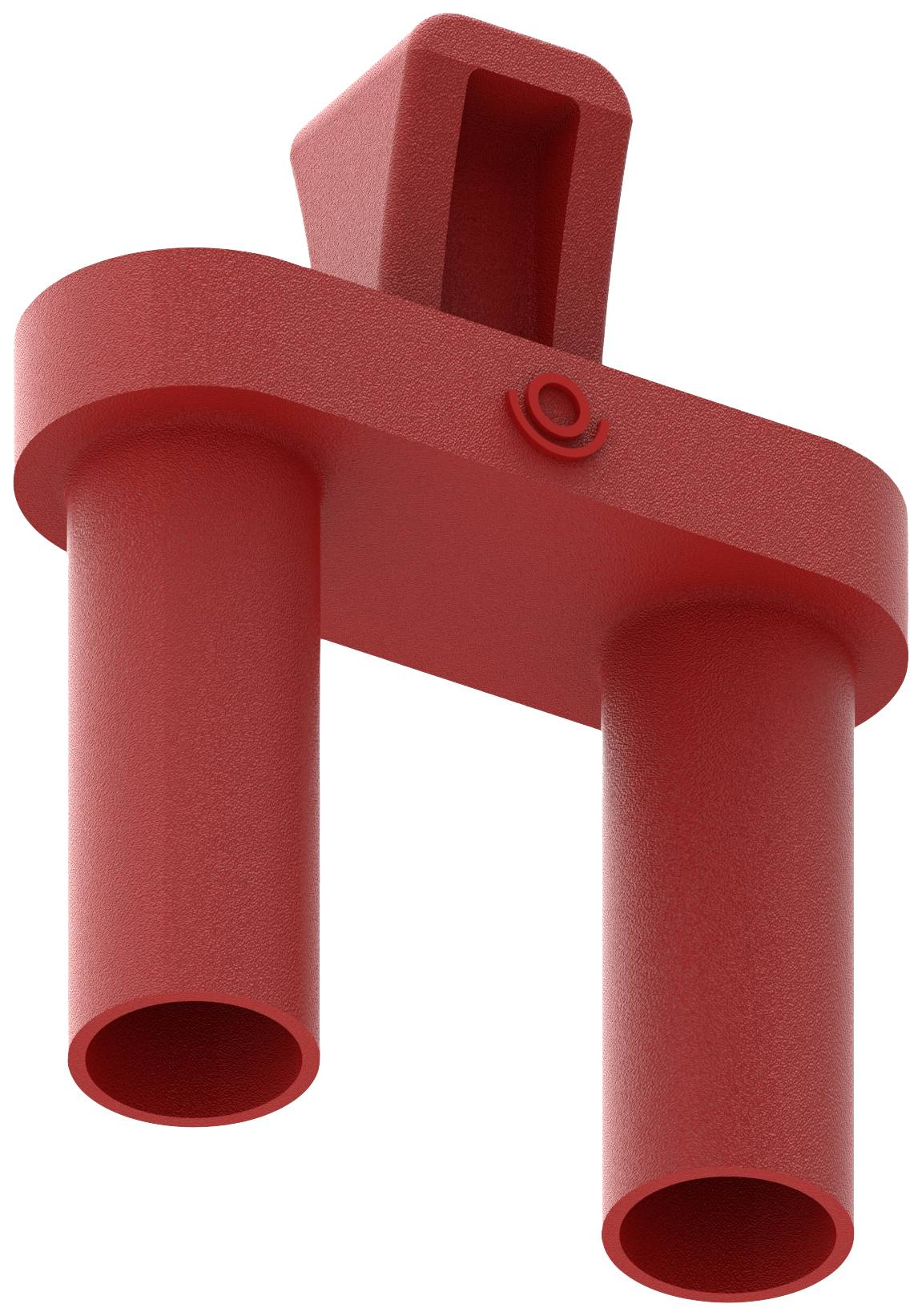 Red plastic construction component with two cylindrical tubes on the underside and a single protrusion on top, potentially part of a plug-in system.
