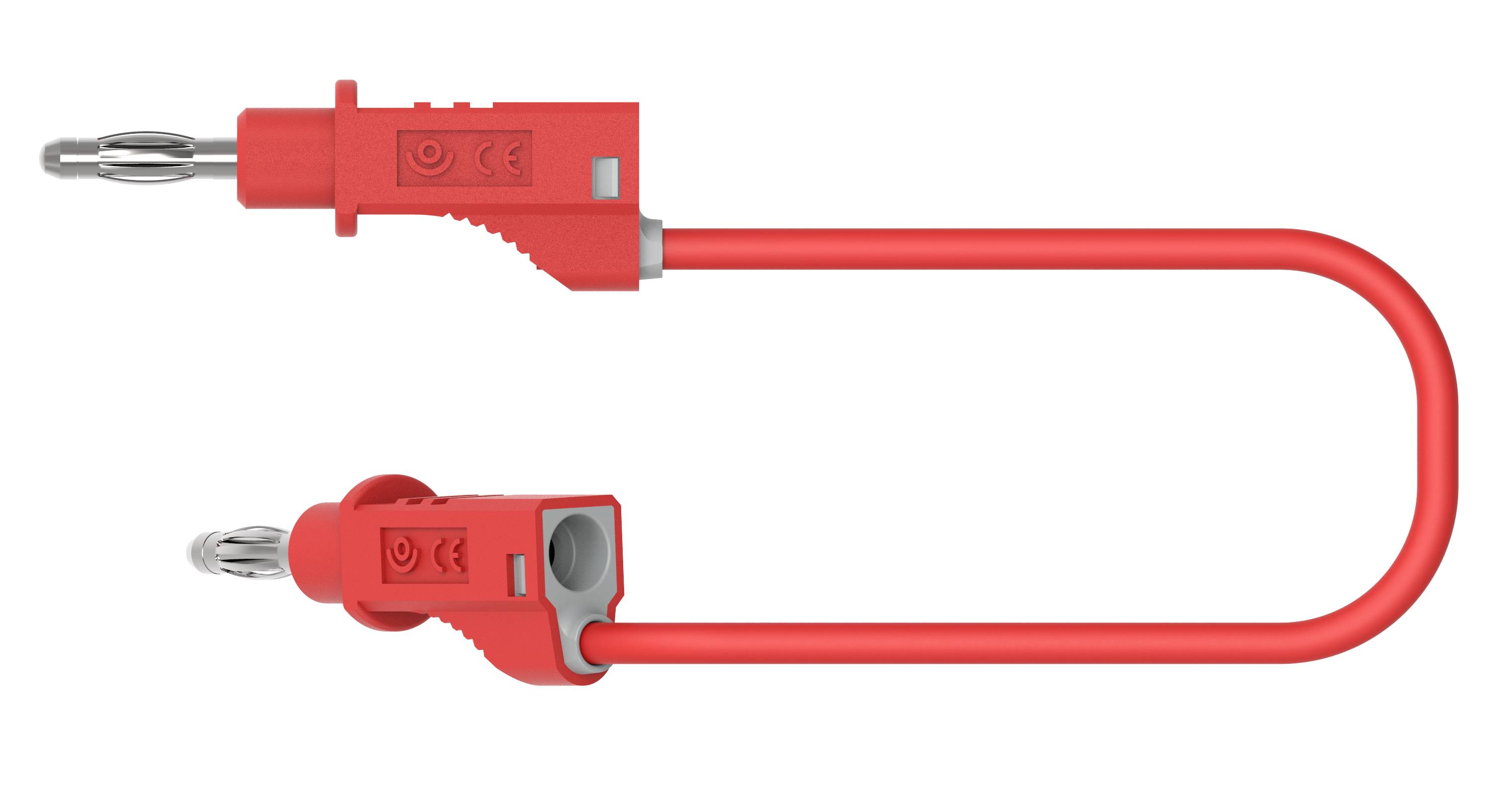 Red safety measuring lead set with two plugs, suitable for electrical test equipment.