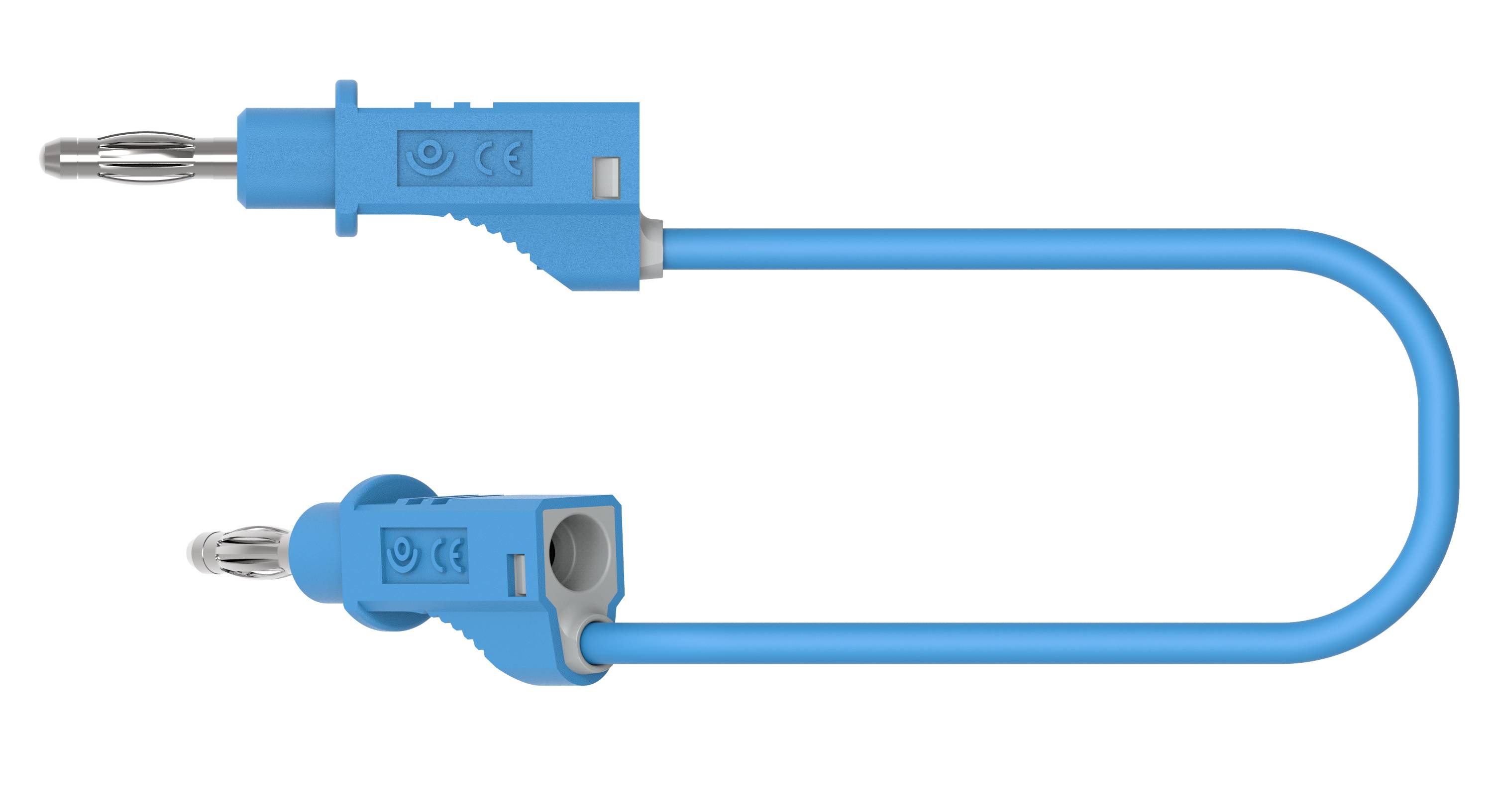 A blue cable with two identical plugs at each end, suitable for electrical connections, on a white background.
