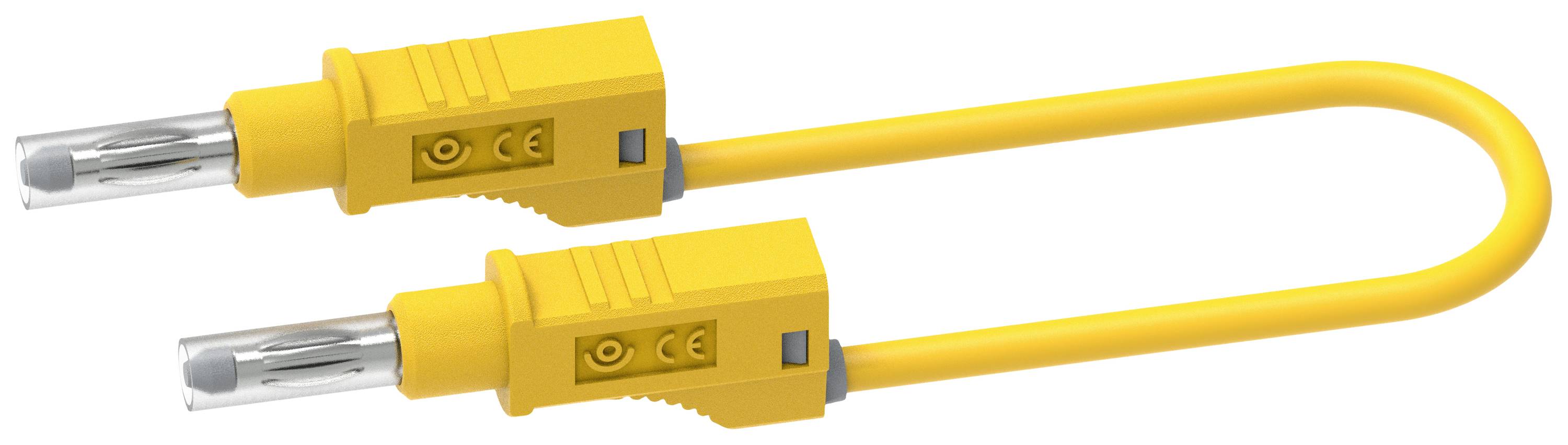 A yellow bicycle security lock with two silver keys. The lock is bent in a U-shape and is designed to prevent theft.