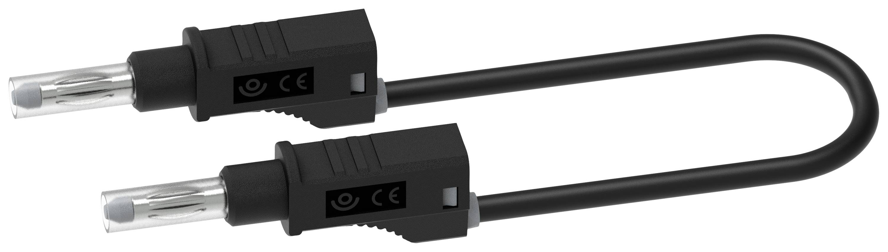 A black cable with two identical plugs at its ends, suitable for electronic connections.
