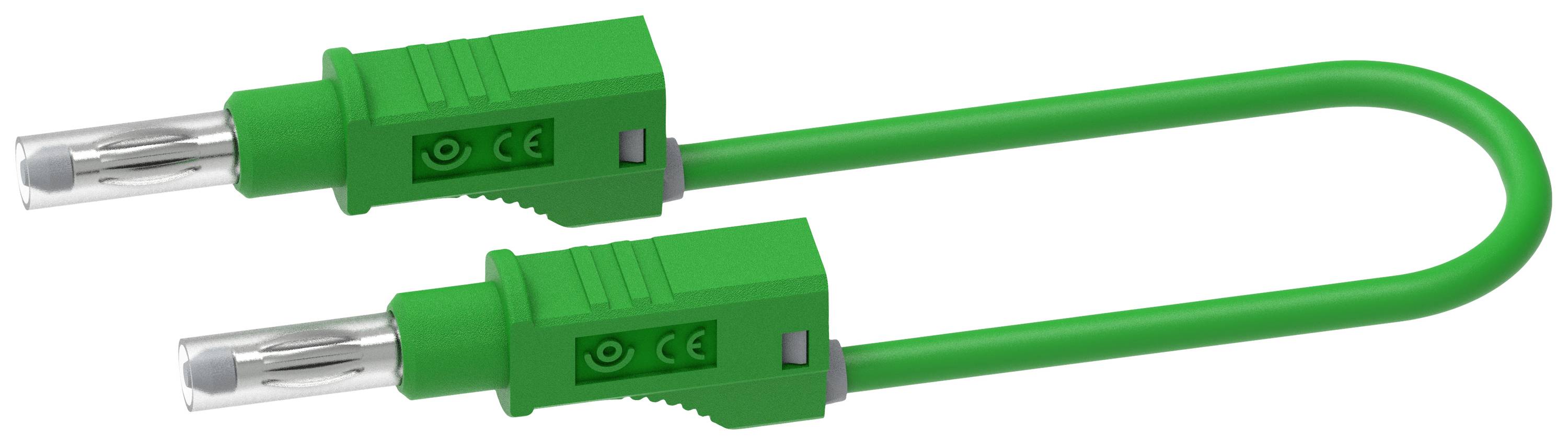 Green, double-ended safety earth plug with cable, commonly used in safety and laboratory applications.