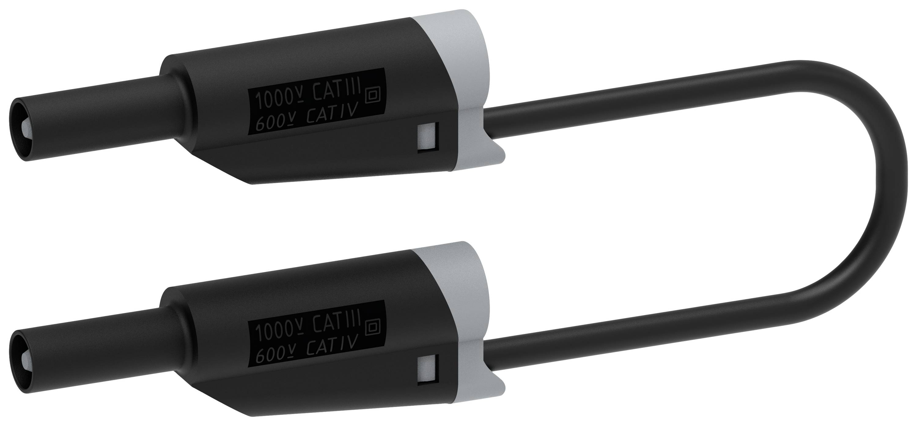 Two black test probes with grey edging, labelled '1000V CAT IV' and '600V CAT IV', connected by a black cable.