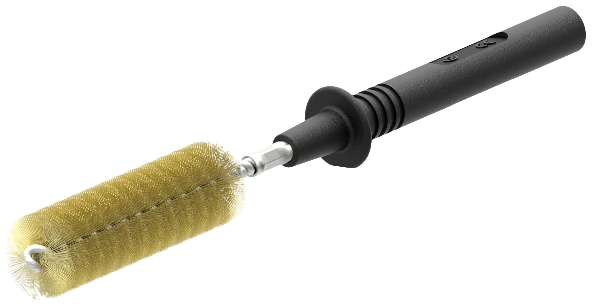 Electric curling tong with a black handle and gold cylindrical barrel, designed for styling hair.