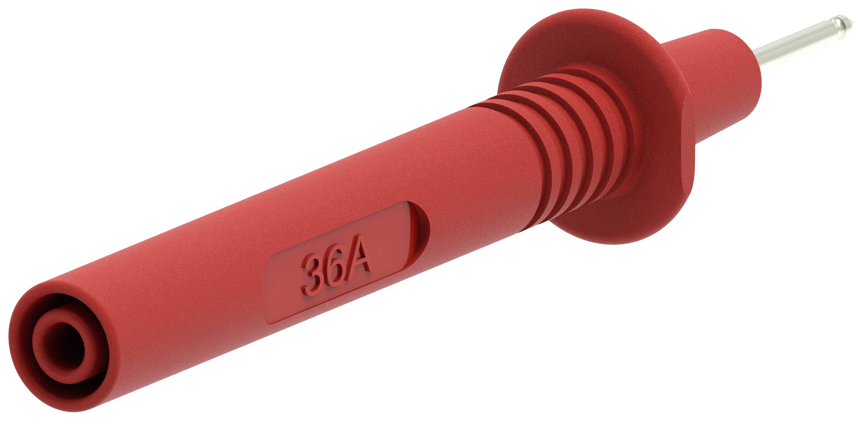 Red measurement lead tip with insulation, shaped for secure connection during electrical tests, marked '36A'.