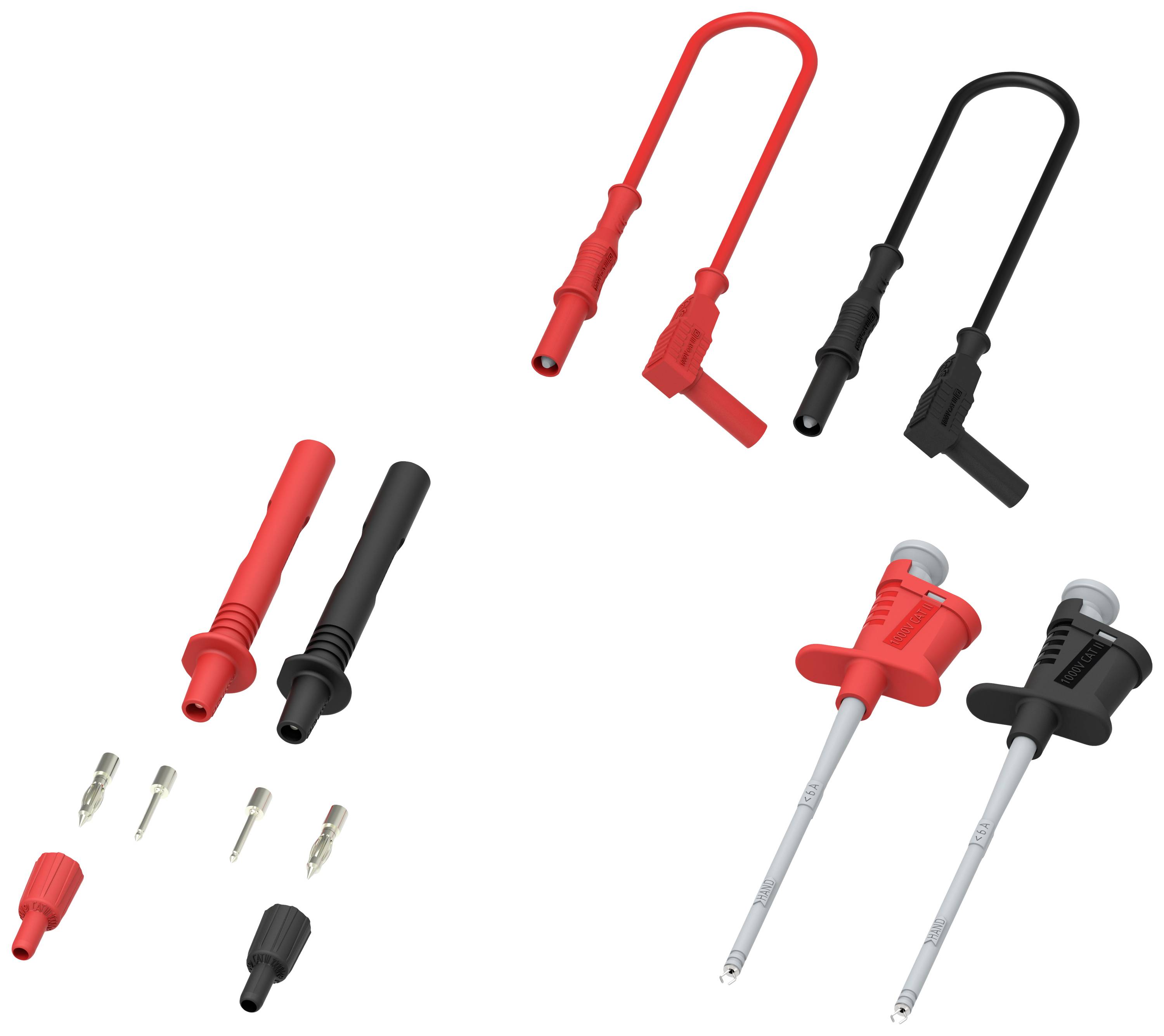Two red and two black test leads with various connectors. On the left: straight plugs with attachments, on the right: terminal adapters.