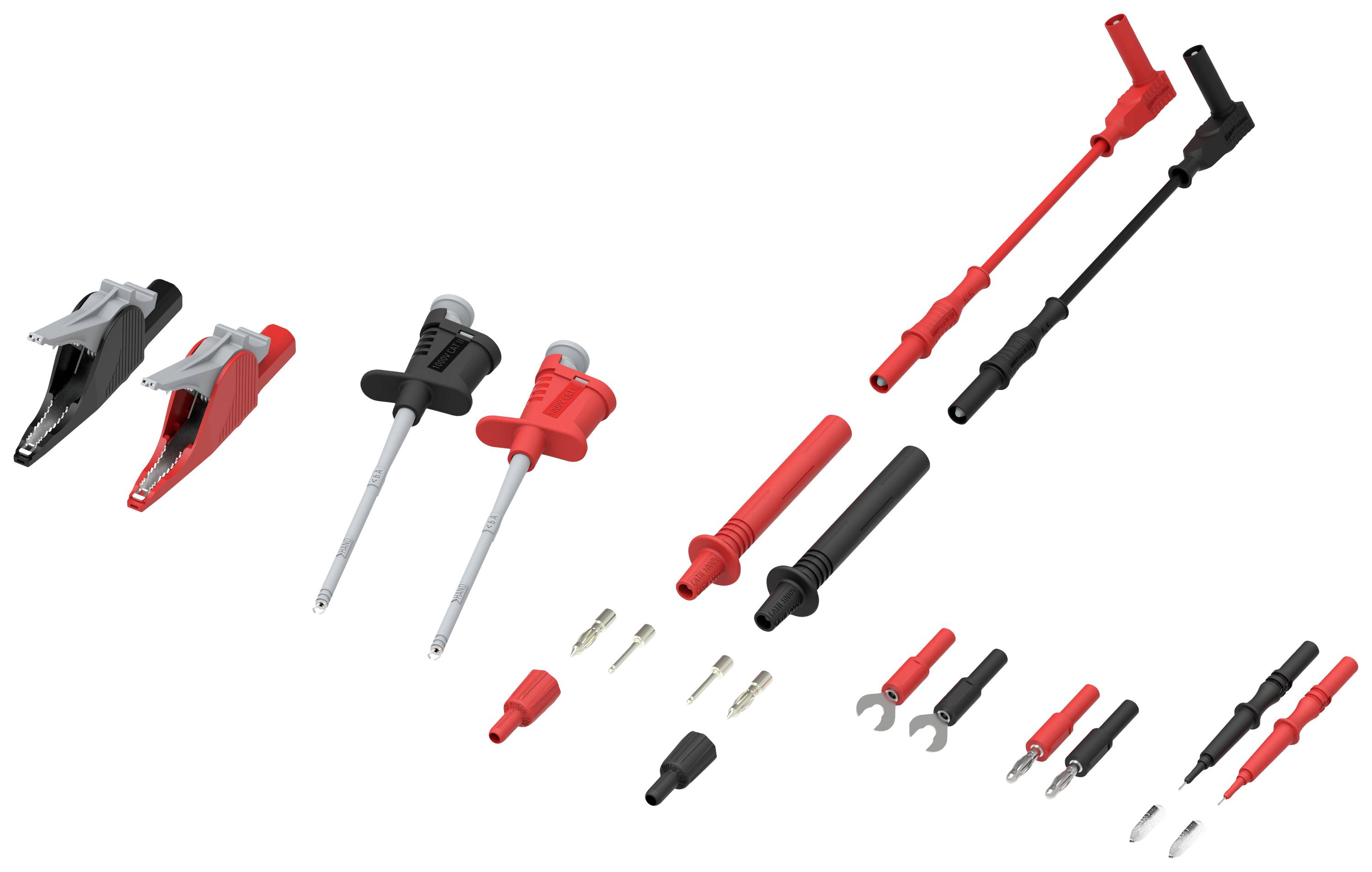 Various test probes and clips in red and black, used for electrical measurement. Includes crocodile clips and test probes.