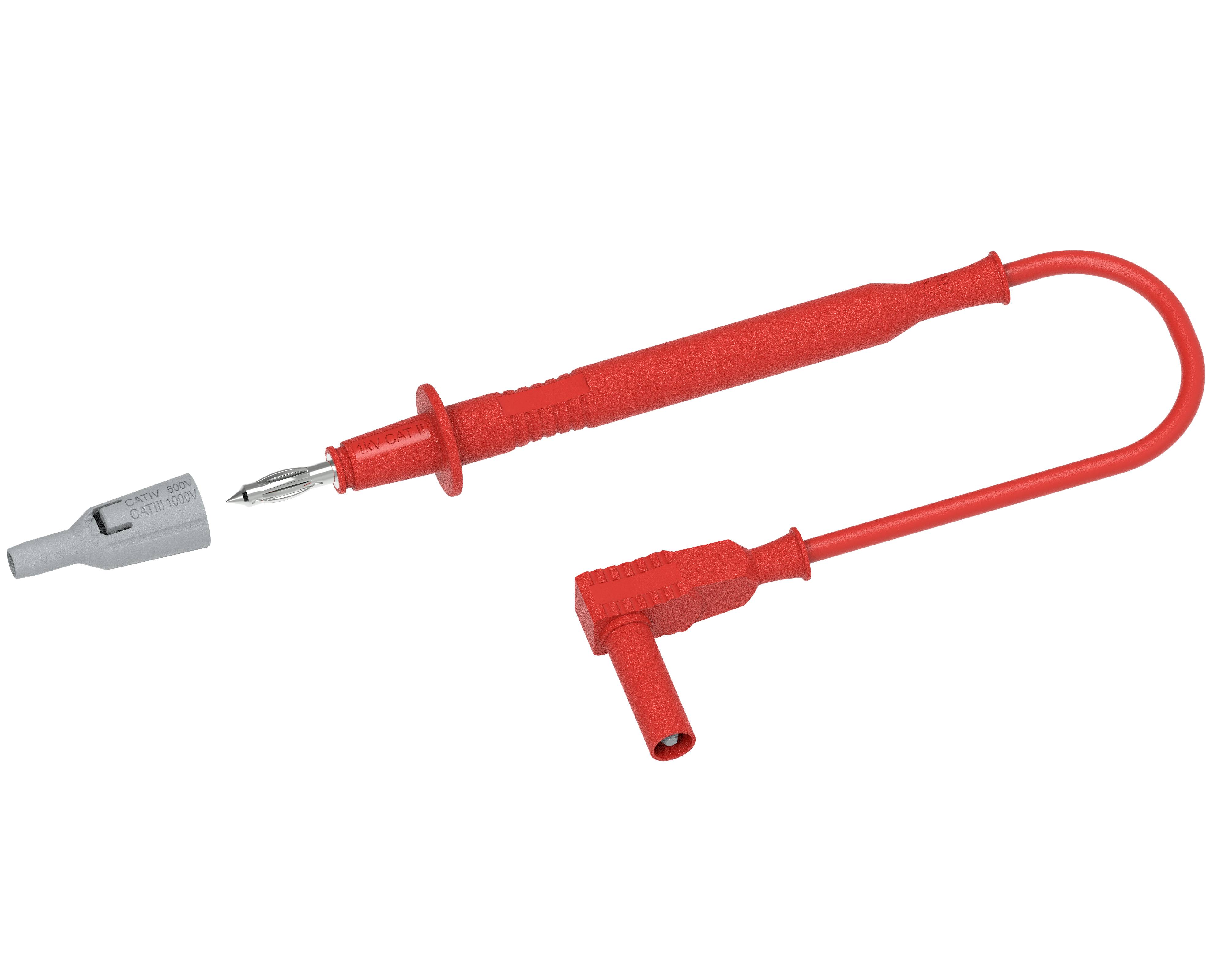 Red test lead cable with removable grey cap, suitable for electrical measurements, with insulated metal plug.