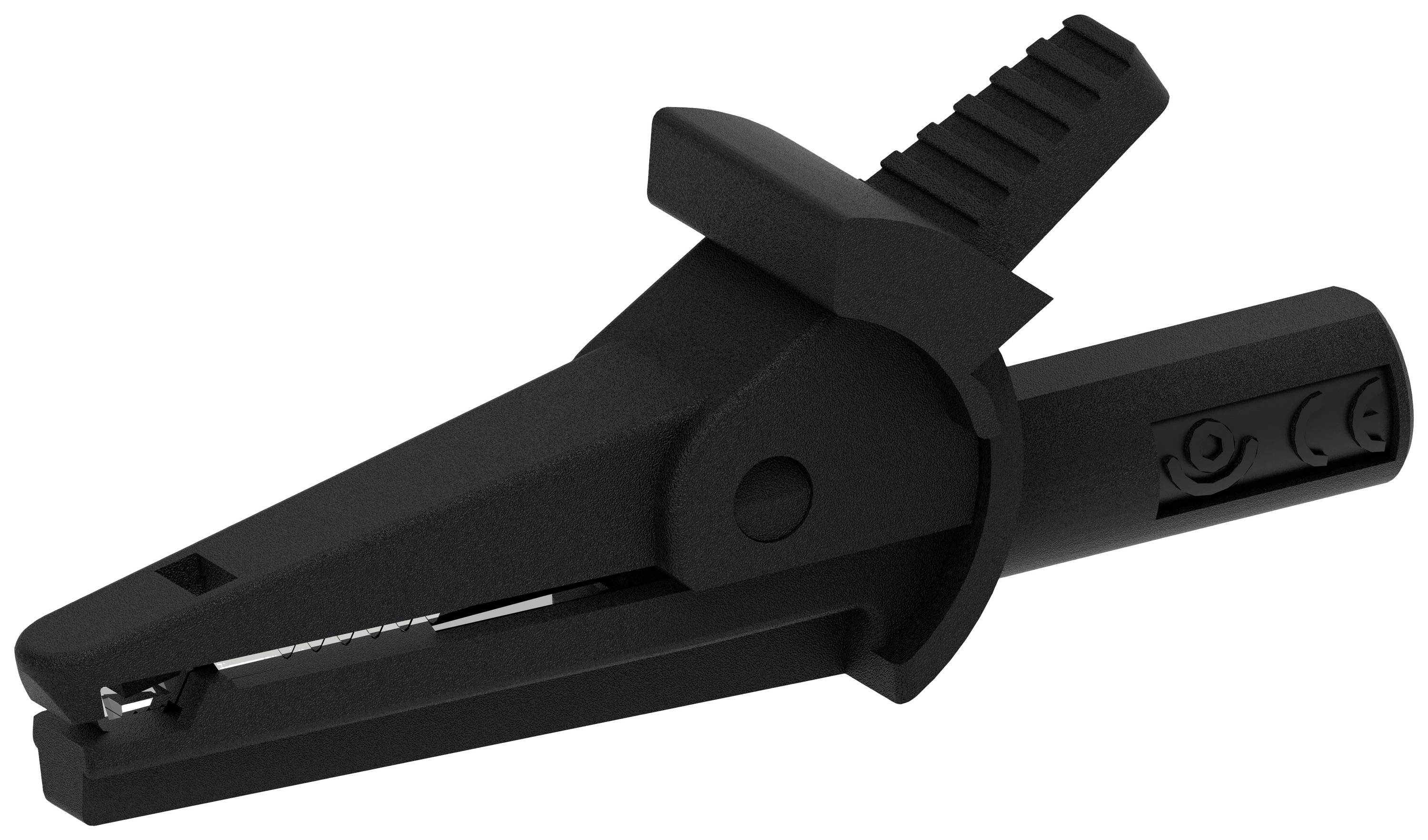 A black battery terminal with an insulated handle, suitable for electrical applications. Shown from a diagonal perspective.