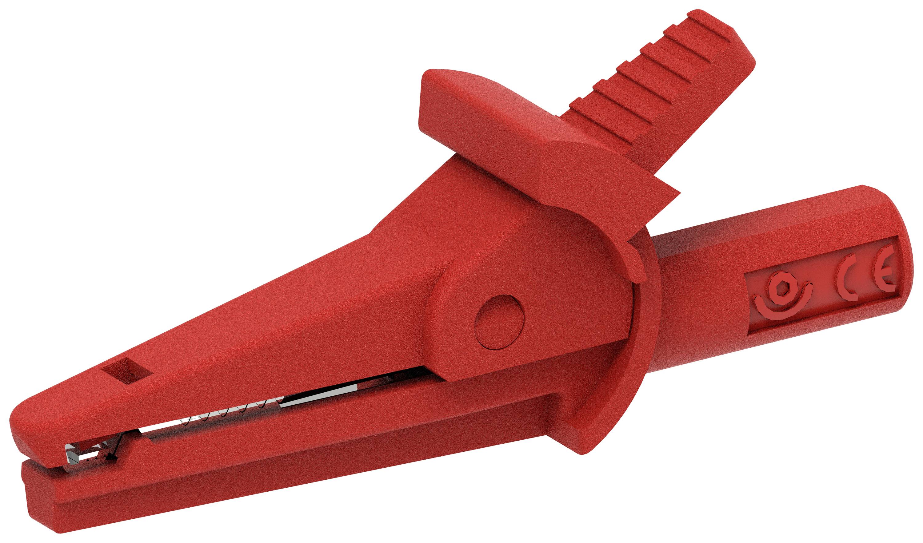 A red electrical test clip with an insulated cover and handle for safe connection in electrical circuits.