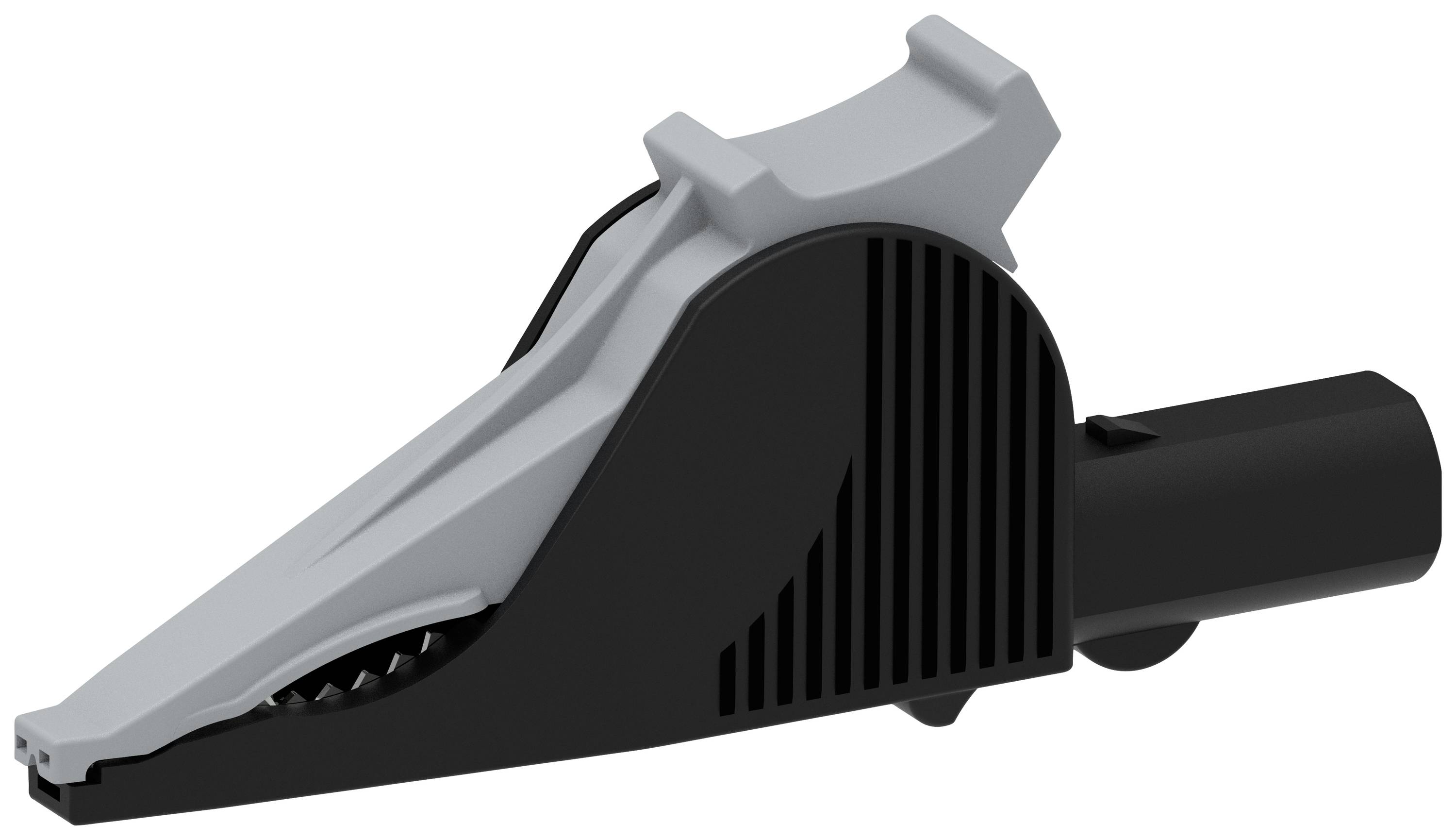 A black and grey crocodile clip, commonly used in electronics, shows the serrated jaws and spring-loaded mounting design.