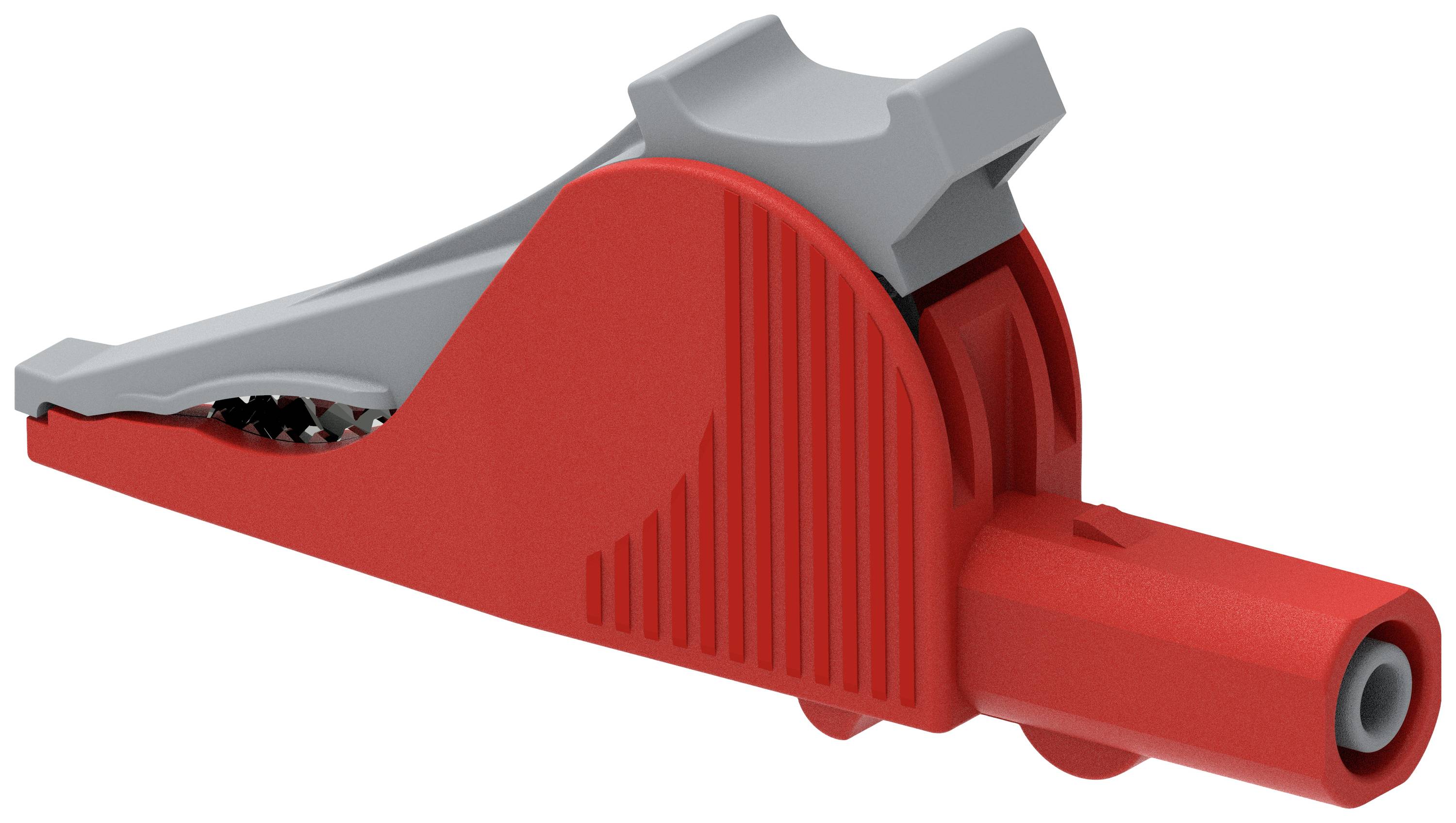 Red crocodile clip with grey accents, shown from the side. Used for secure electrical connections.