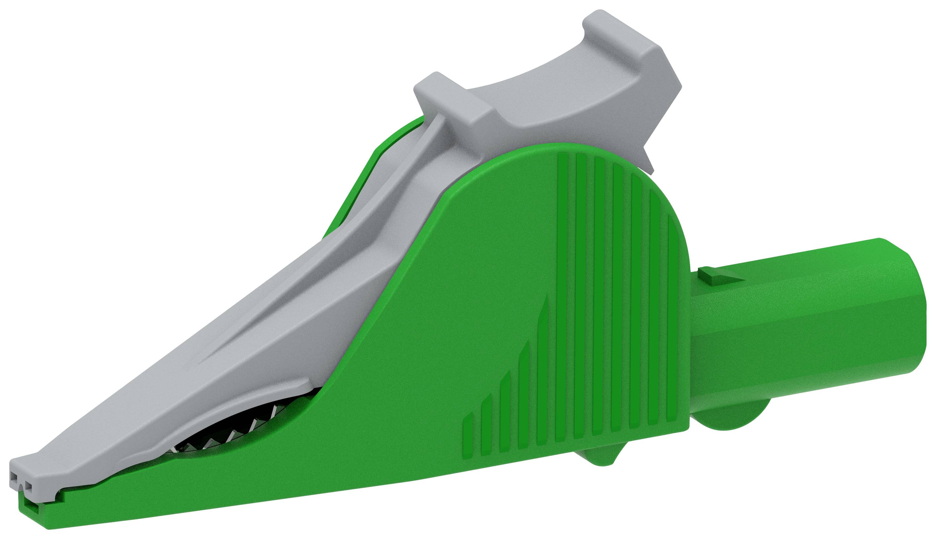 A green plastic crocodile clip adaptor, pictured from the side, with a grey clip for electrical connections and cable securing.