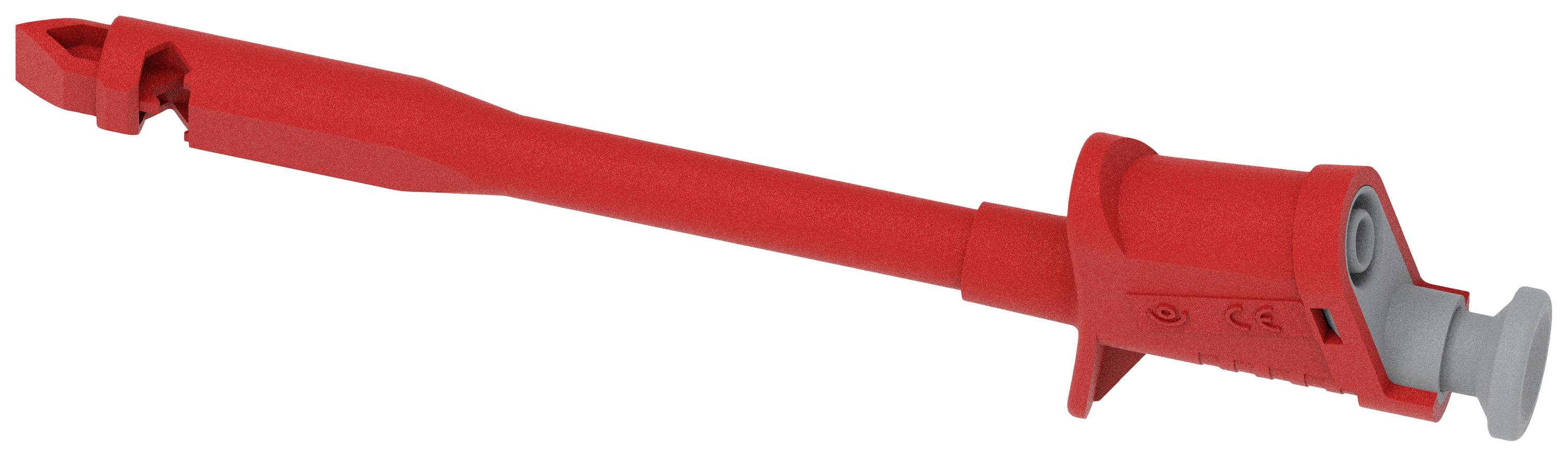 Red plastic lever with a grey, rotating mechanism at one end. Used to safely remove cables or connectors.