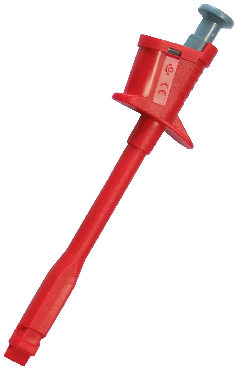 A red test probe adapter for connecting to electrical measuring instruments, with a blue button on the top surface.