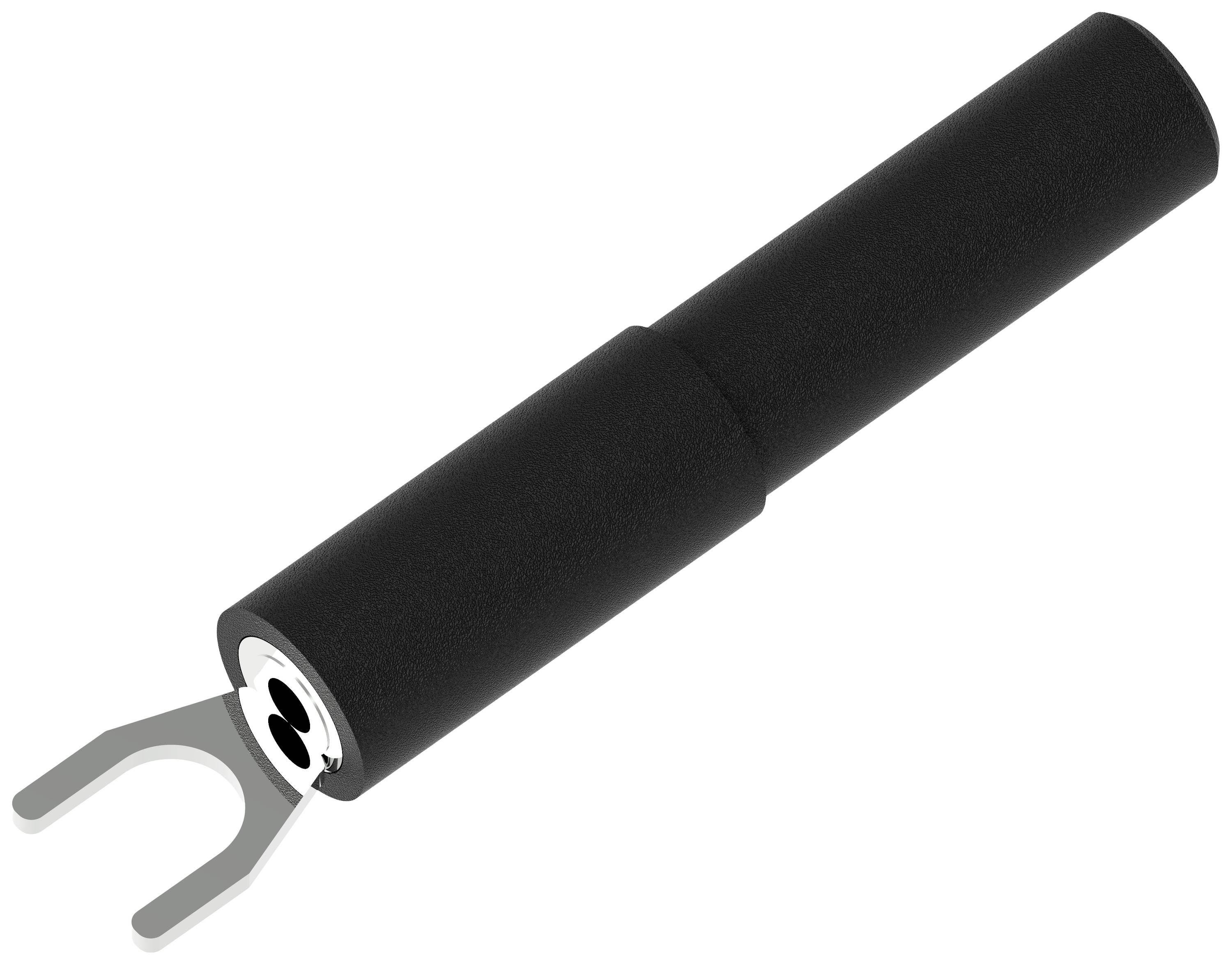 The image shows a black, cylindrical handle with a metal fork at one end.