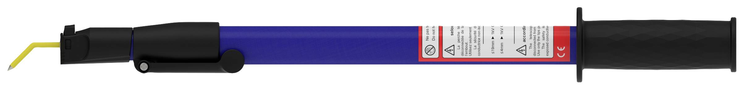 Long, blue hand tool with a black handle and yellow tip. A label with safety information is located on the shaft.