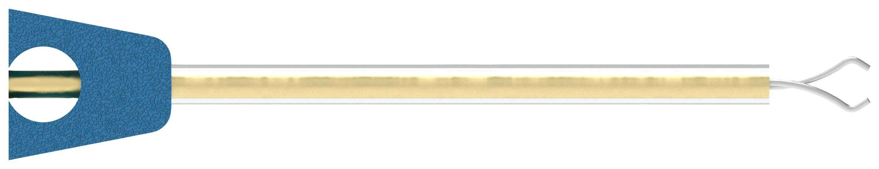 A medical instrument with a blue holder and a long, thin metal tip that splits into two ends.