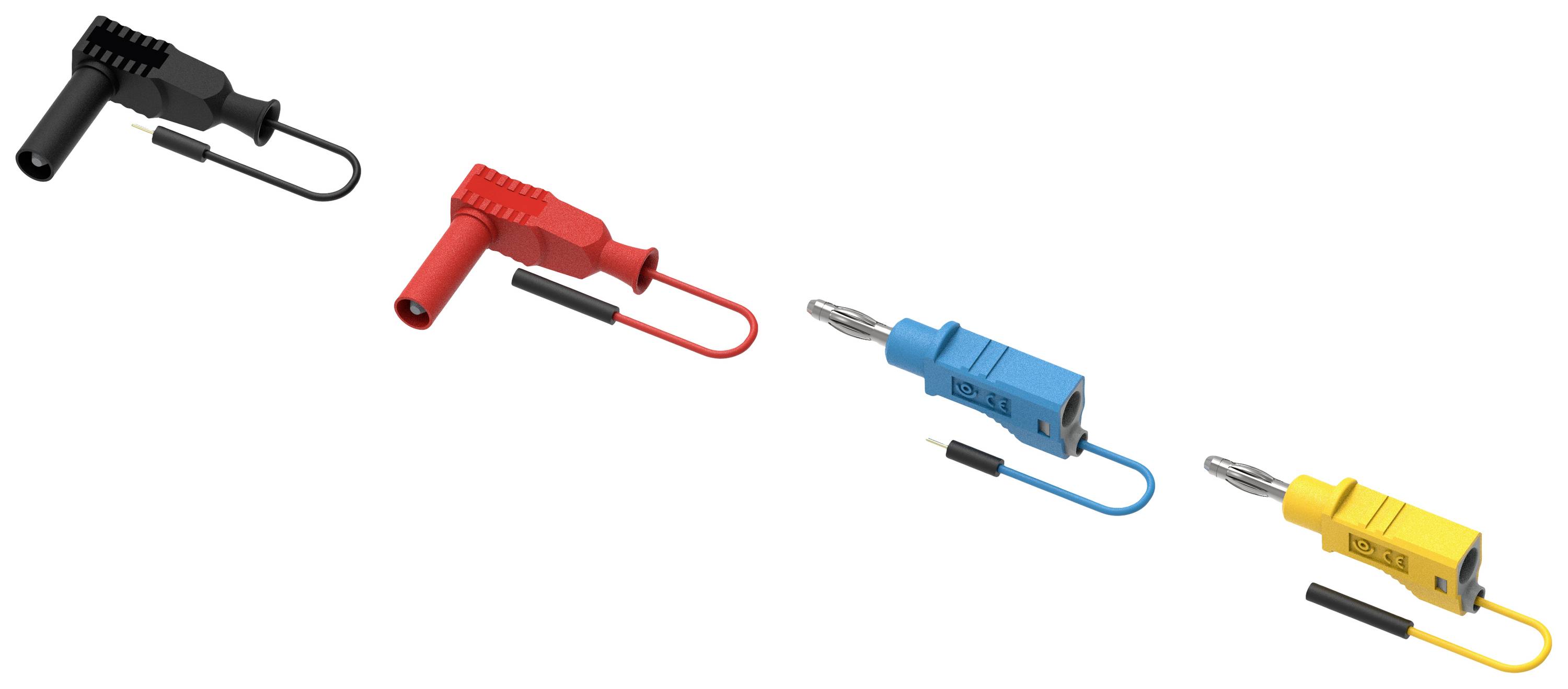 Three electrical adaptor plugs in black, red, blue, and yellow, showing various designs and colours for connecting to cables.