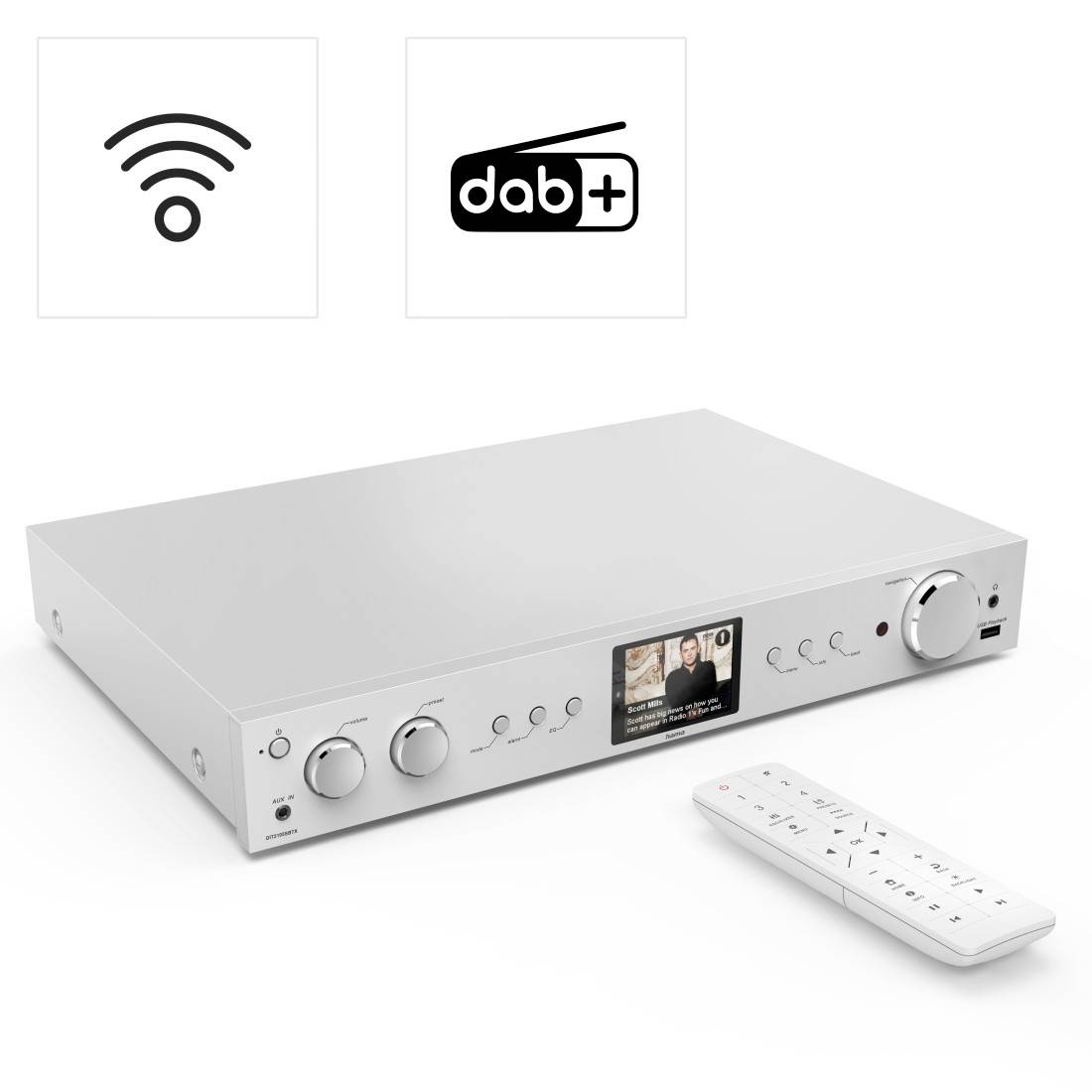 Hi-Fi amplifier in silver with digital display options for Wi-Fi and DAB+. Shows front controls and a remote control.