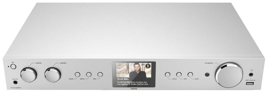 Harman amplifier with black and white display, volume controls, and multiple connections, suitable for audio systems.