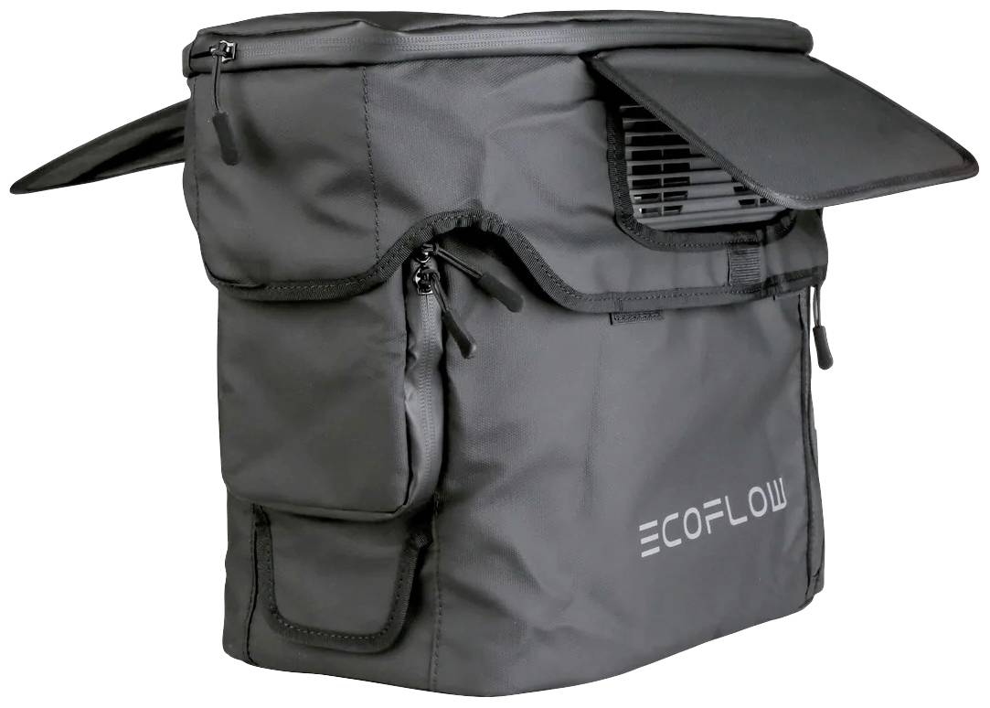 Grey carry bag from EcoFlow with multiple zippered pockets and adjustable cover. Robust and functional for versatile applications.