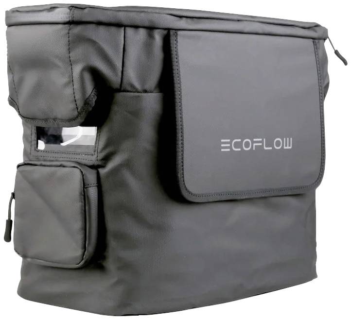 Grey protective case with zip and side pockets. On the flap it reads 'ECOFLOW'.