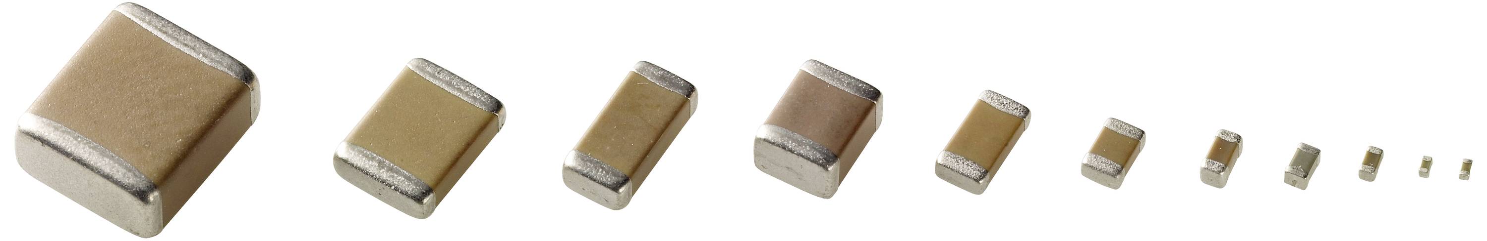 Capacitors arranged from large to small demonstrate the miniaturisation of electronic components.