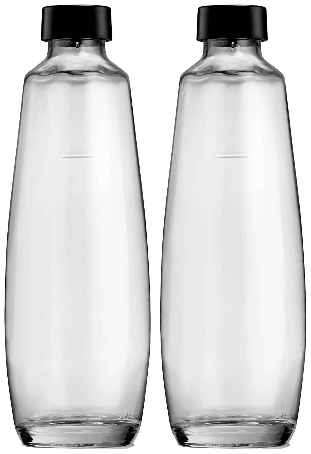 Two glass bottles with black caps placed side by side.