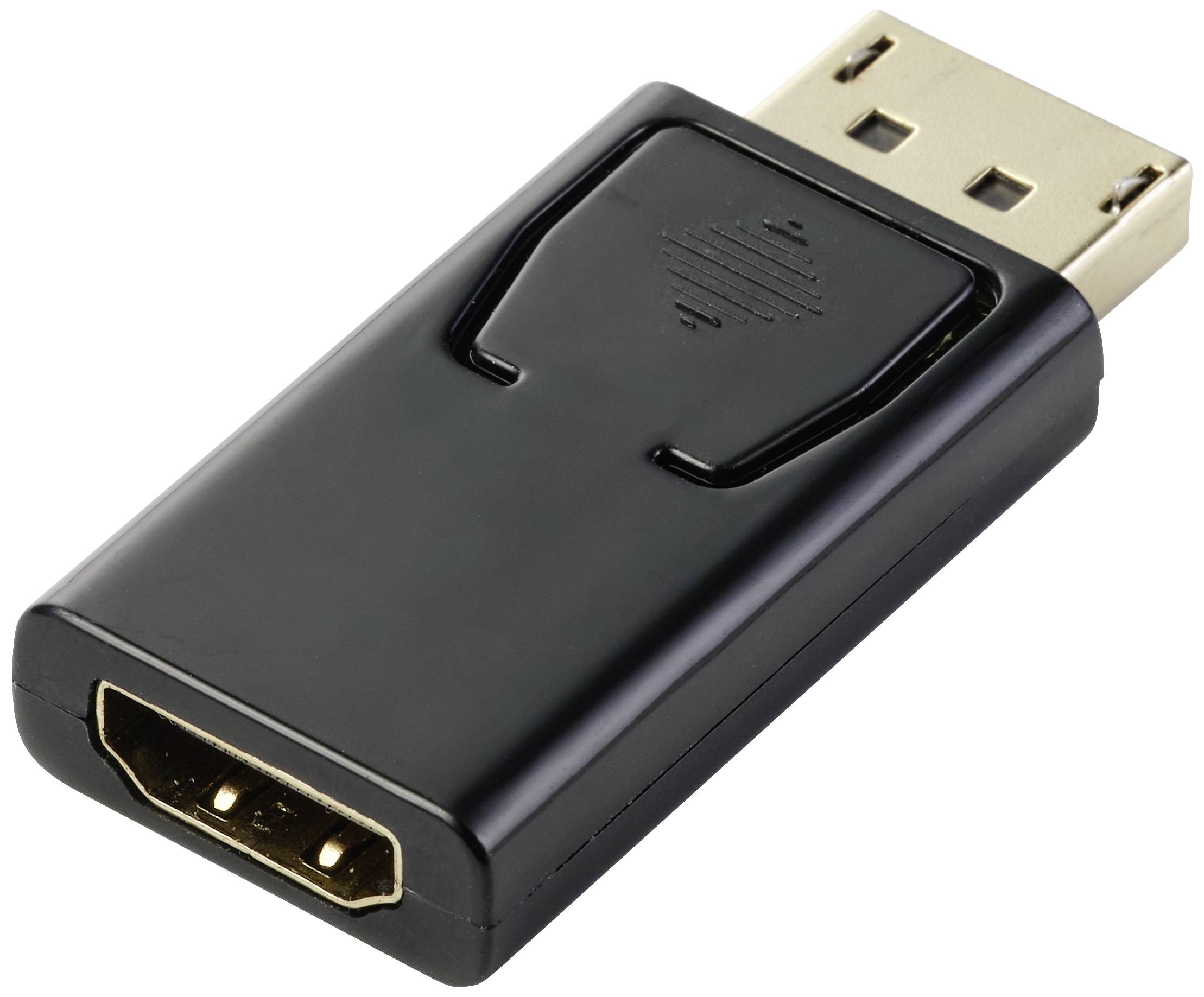 A black adapter with a DisplayPort plug on one side and an HDMI socket on the other side.