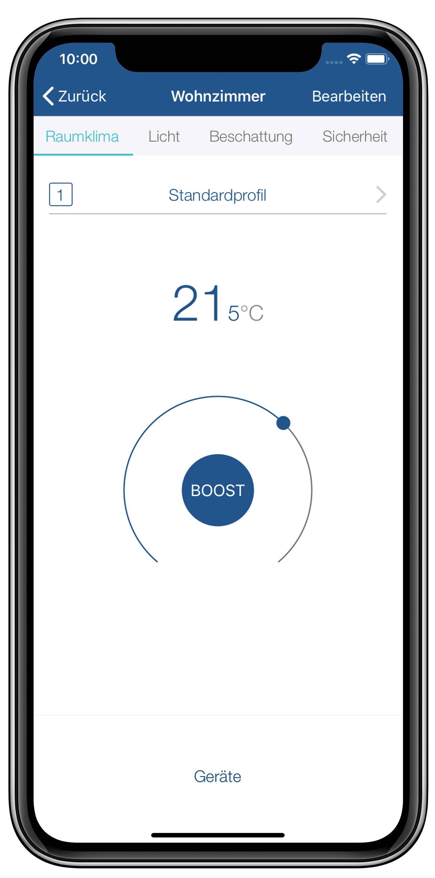 Smartphone app screen for controlling room climate. Displays 21.5°C with 'BOOST' function activated. Options: Room Climate, Lighting, Shading, Security.