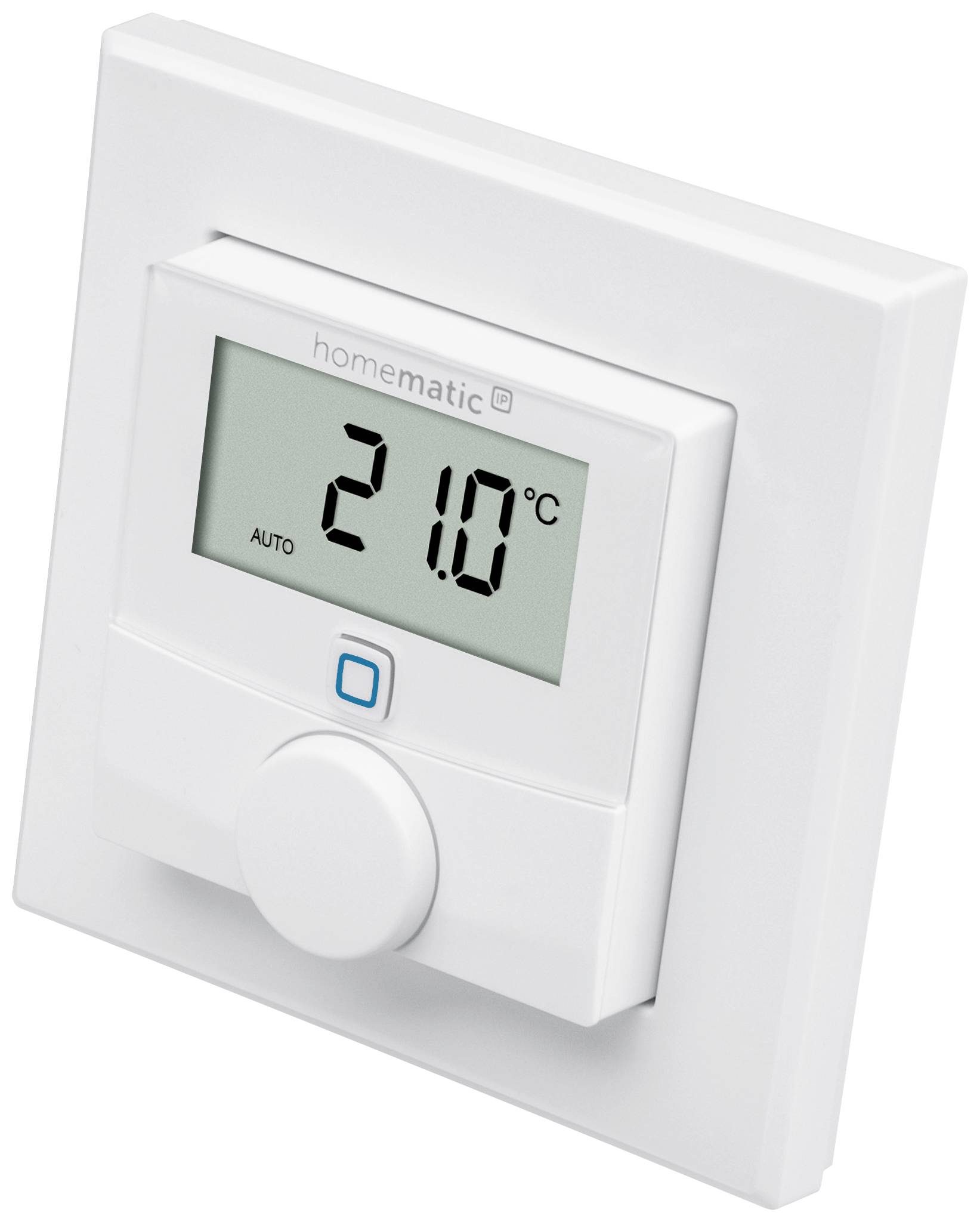 A digital wall thermostat is showing 21.0 degrees Celsius.