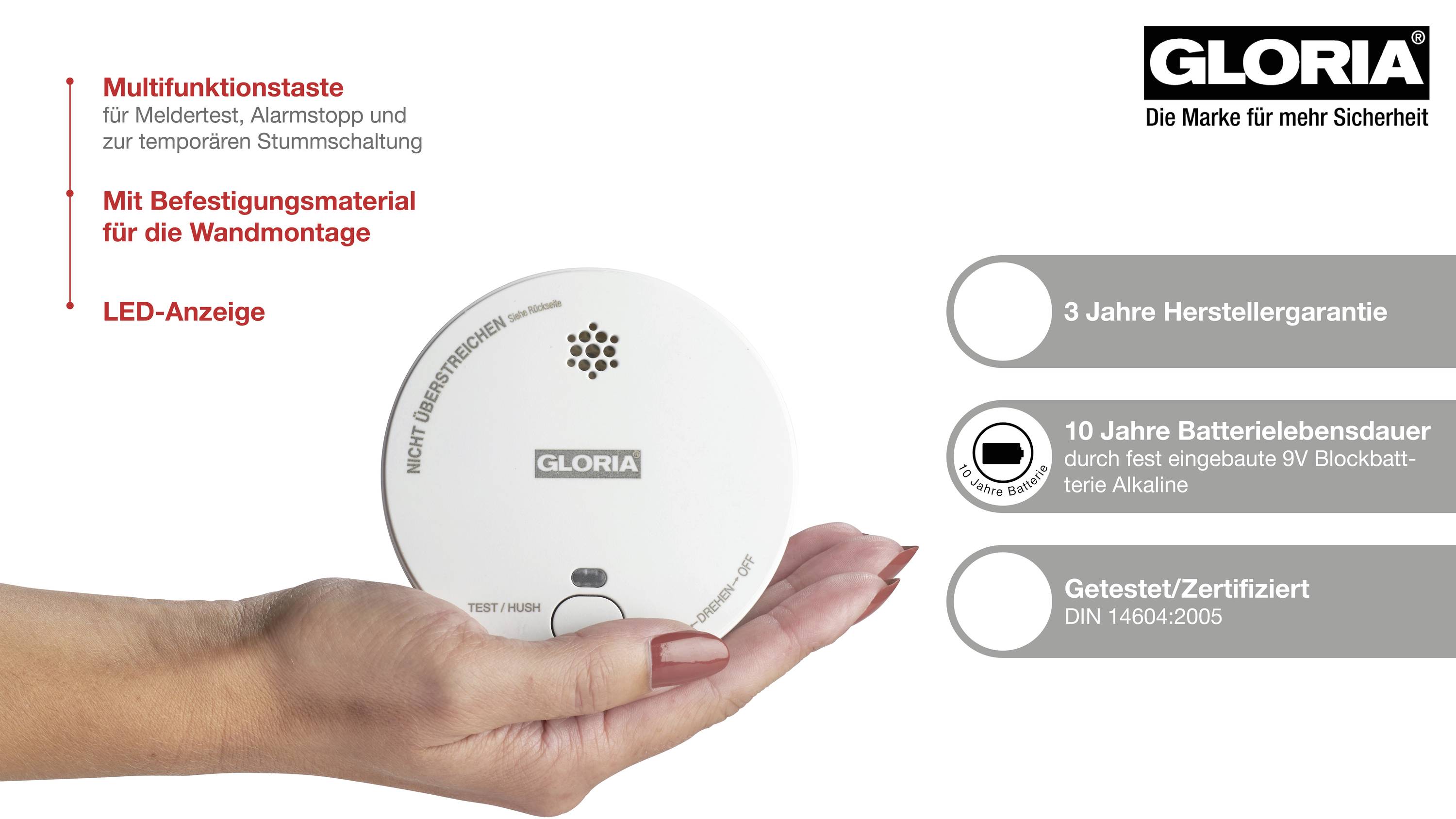 A hand holds a smoke detector with the 'GLORIA' logo. The text describes features: Multi-button, LED display, 10-year battery life, 3-year warranty.