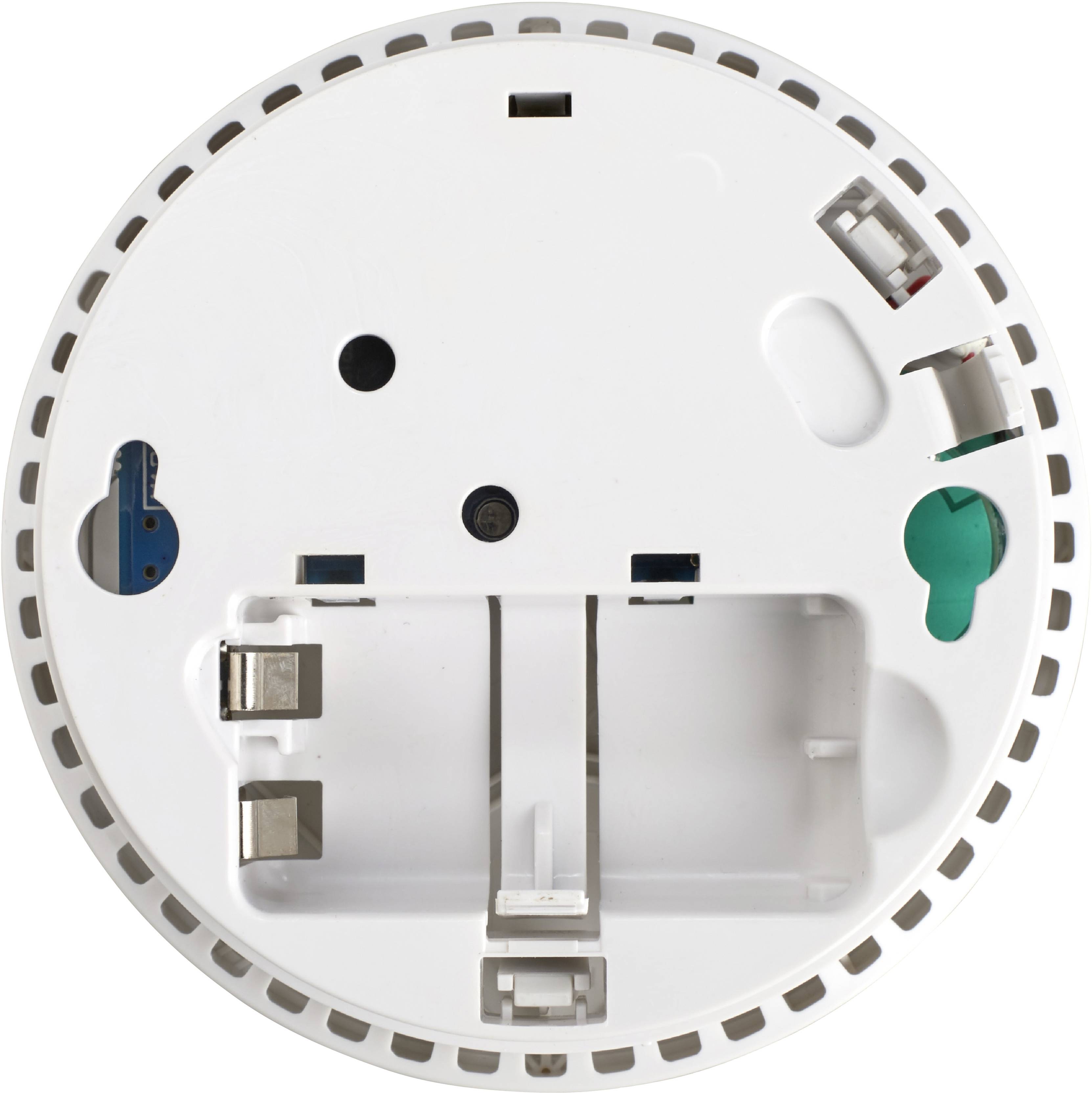Rear view of a smoke detector with empty battery compartments, light indicator fields, and mounting brackets.
